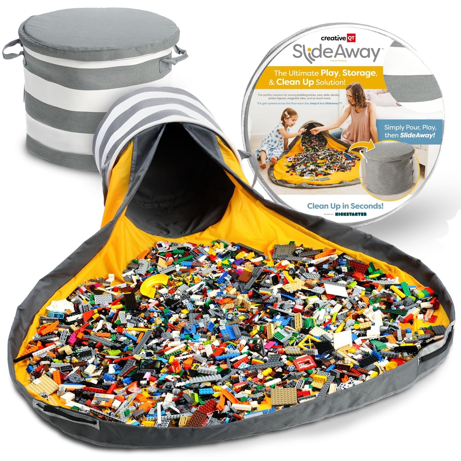 Creative QT SlideAway Toy Storage Organizer & Extra Large 52" Play Mat, Collapsible Storage Bins for Building Bricks, Small Blocks, Toys, Drawstring