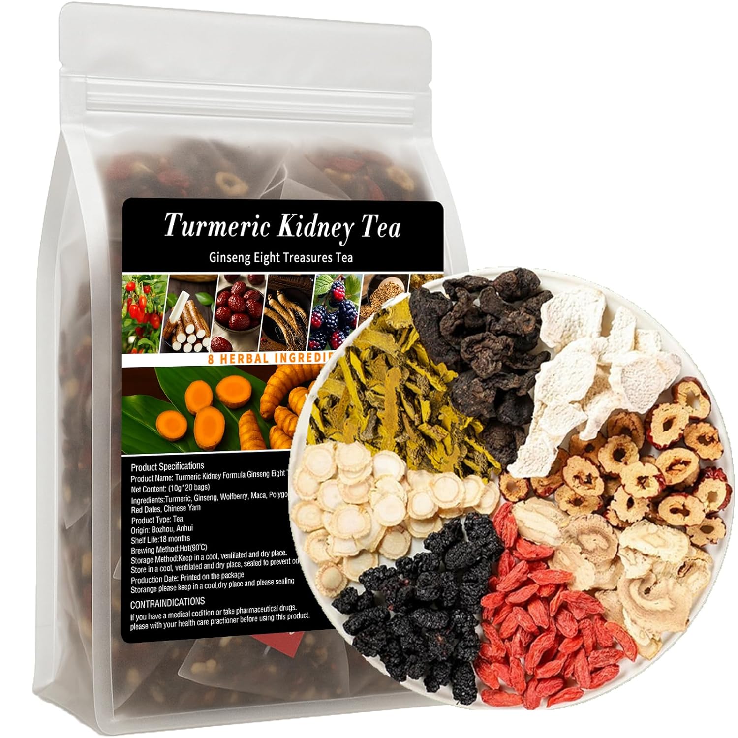 Turmeric Kidney Tea Formula Ginseng Eight Treasure, Turmeric, Ginseng, Wolfberry, Mulberry, Maca, Polygonatum, Red Dates,Yam, Natural Organic Healthy Kidney Cleansing Teas for Men & Women (1)