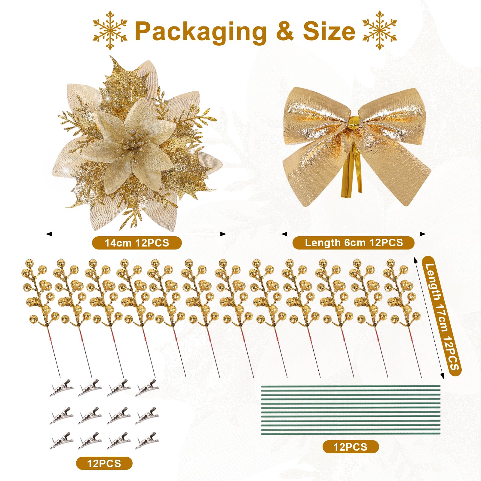 DEEMEI 12Sets Christmas Decorations Glitter Poinsettia with Clips Stems Berries Bows Ornaments for Xmas Tree Wreath Garland Gifts Decor (Gold) - Image 2