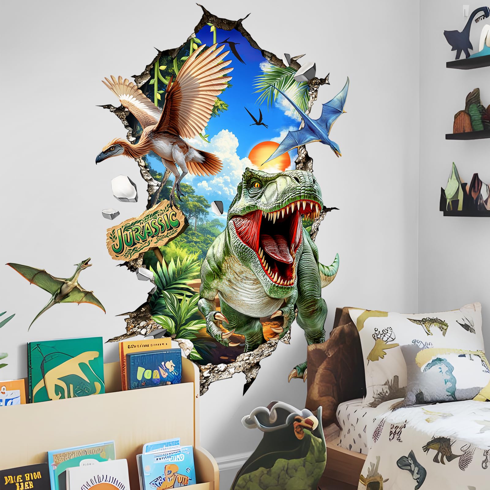Tanlaby 3D Grand Stickers Muraux Dinosaure Autocollants Muraux Stickers Animaux Dino Sticker Mural pour Enfant Chambre Bébé Garçon Salle de Jeux Bébé Pépinière