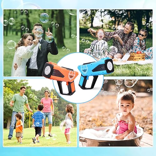 Miniatura 3 de Paquete de 2 pistolas automáticas de burbujas con luz y 8 agujeros para niños y adultos, juguete de verano, regalos de fiesta, regalo de cumpleaños,