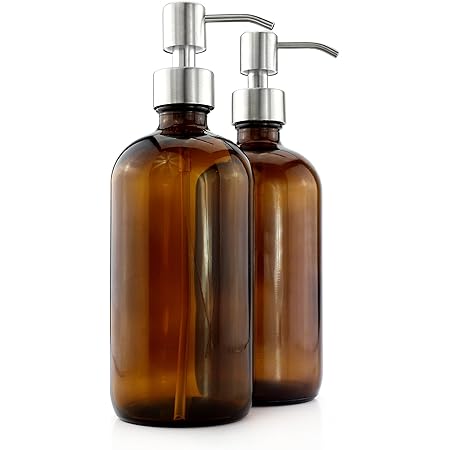 Cornucopia 16-Ounce Amber Glass Bottles w/Stainless Steel Pumps (2-Pack); Lotion & Soap Dispenser Brown Boston Round Bottles for Aromatherapy, DIY, Home & Kitchen