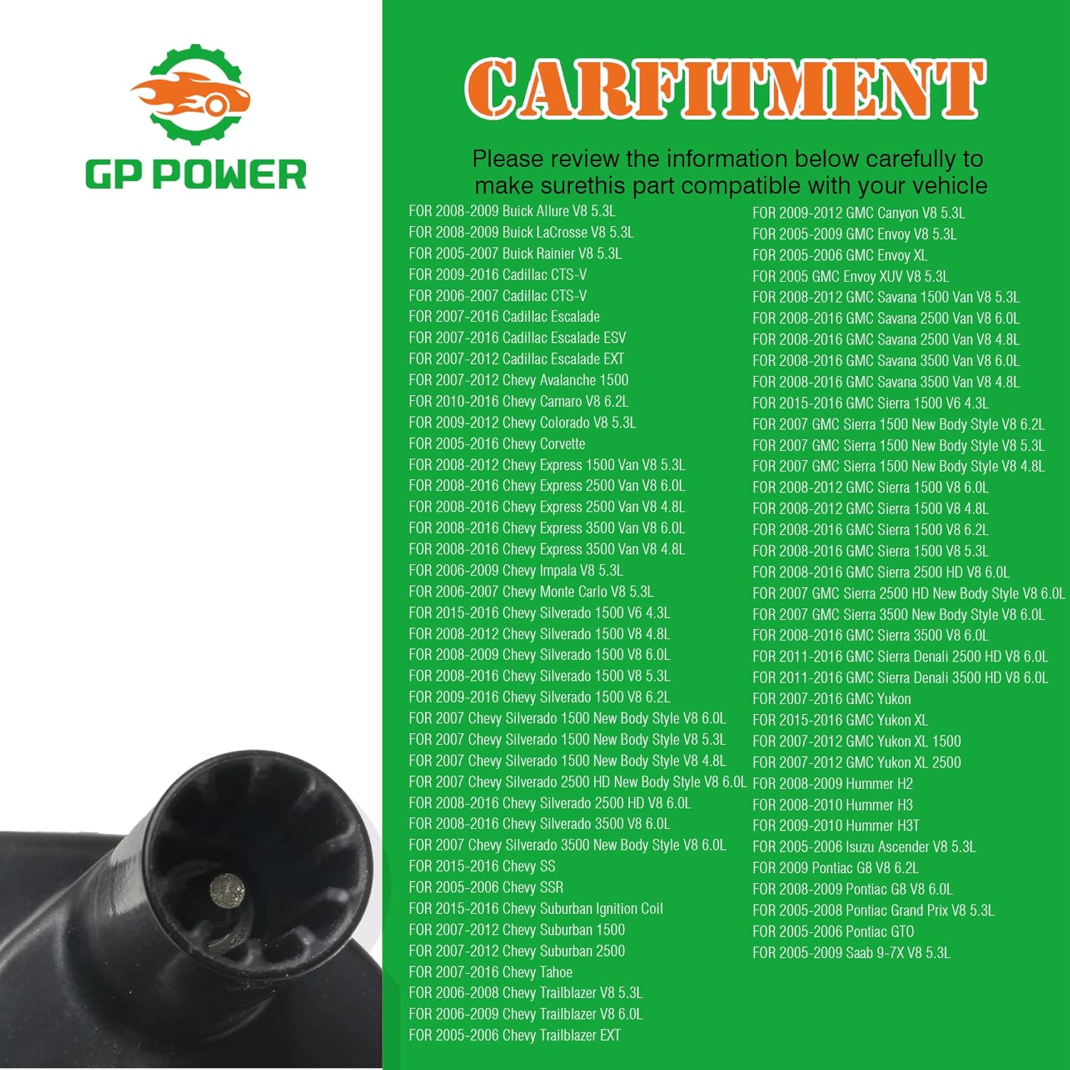 8PCS GP POWER ROUND Ignition Coil 12573190 UF414 Compatible With Chevy Cadillac GMC Camaro Corvette Silverado Tahoe Escalade Yukon Suburban Canyon Envoy Sierra H2 H3 G8 9-7X 5.0 6.0 6.2 V8