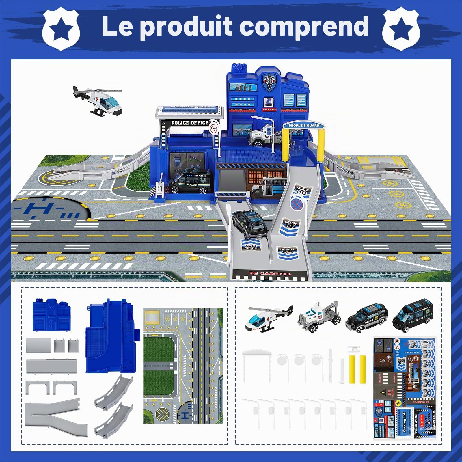 deAO City Poste de Police, Jouet de Construction avec Bâtiment de Bureau, Véhicules de Police, Hélicoptère, Camion, City Police Station avec Voiture de Police, Cadeau pour Garçons et Filles de 6 Ans+