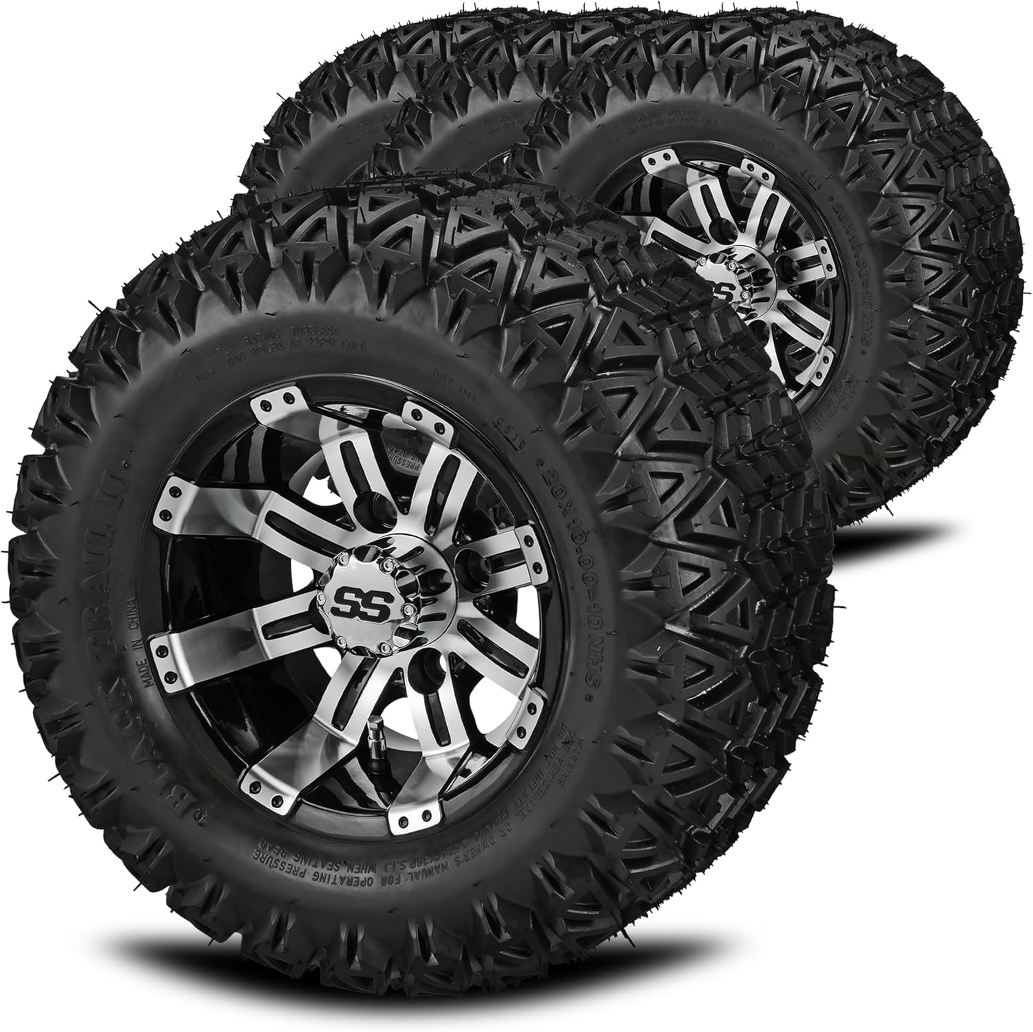RM Cart 10" Casino Black/Machined on 20x10-10 Black Trail II Tires (Set of 4) | Golf Cart Tires and Wheels Combo with Metric Lug Nuts