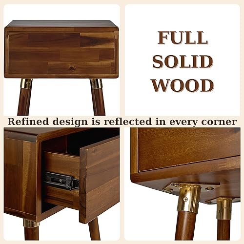 Miniatura 5 de Bme Caden - Mesita de noche de madera maciza, mesa auxiliar, totalmente montada, con 1 cajón para dormitorio y sala de estar de mediados de siglo,