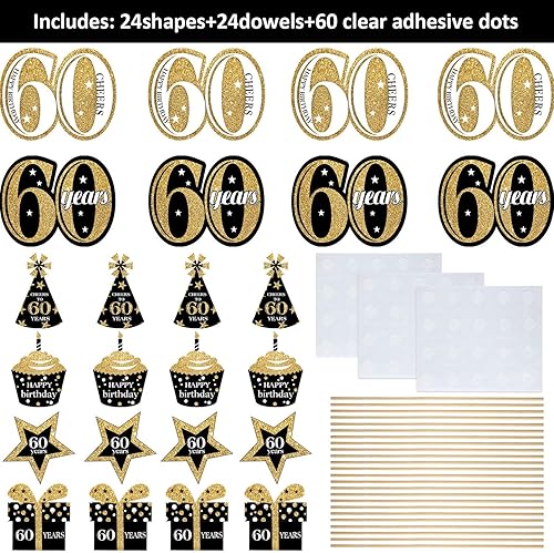 Miniatura 3 de Blulu Juego de decoración de fiesta de cumpleaños, centro de mesa dorado para fiesta de cumpleaños, suministros de fiesta, 24 piezas (60 cumpleaños)