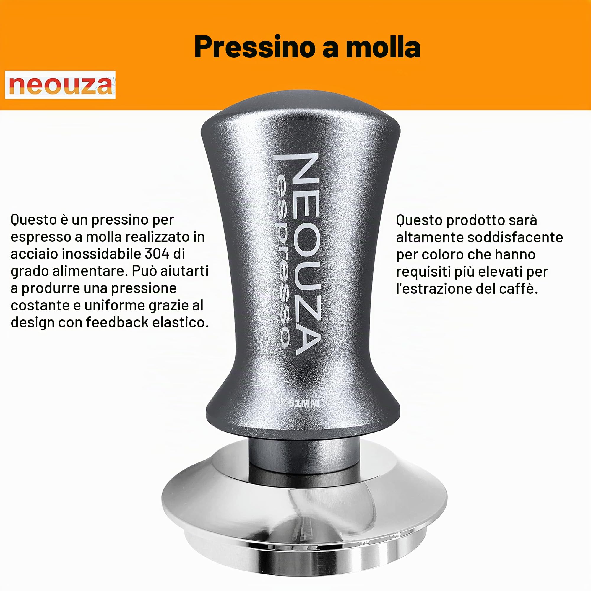 NEOUZA, Pressino per caffè espresso a molla, per macchinetta del caffè, da 51 mm, autolivellante, antiaderente, impugnatura raffinata, base piatta in acciaio inossidabile