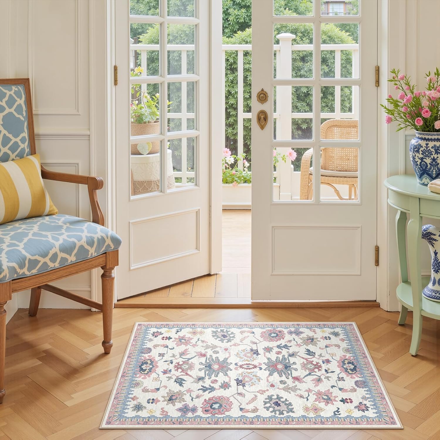 2x3 Washable Entryway Rug- Modern Oushak Rug Vintage Floral Carpet for Bedroom Non-Slip Low Pile Soft Machine Washable Doormat for Indoor Entrance, Laundry, Kitchen, Bathroom (2'x3', Pink and Blue)