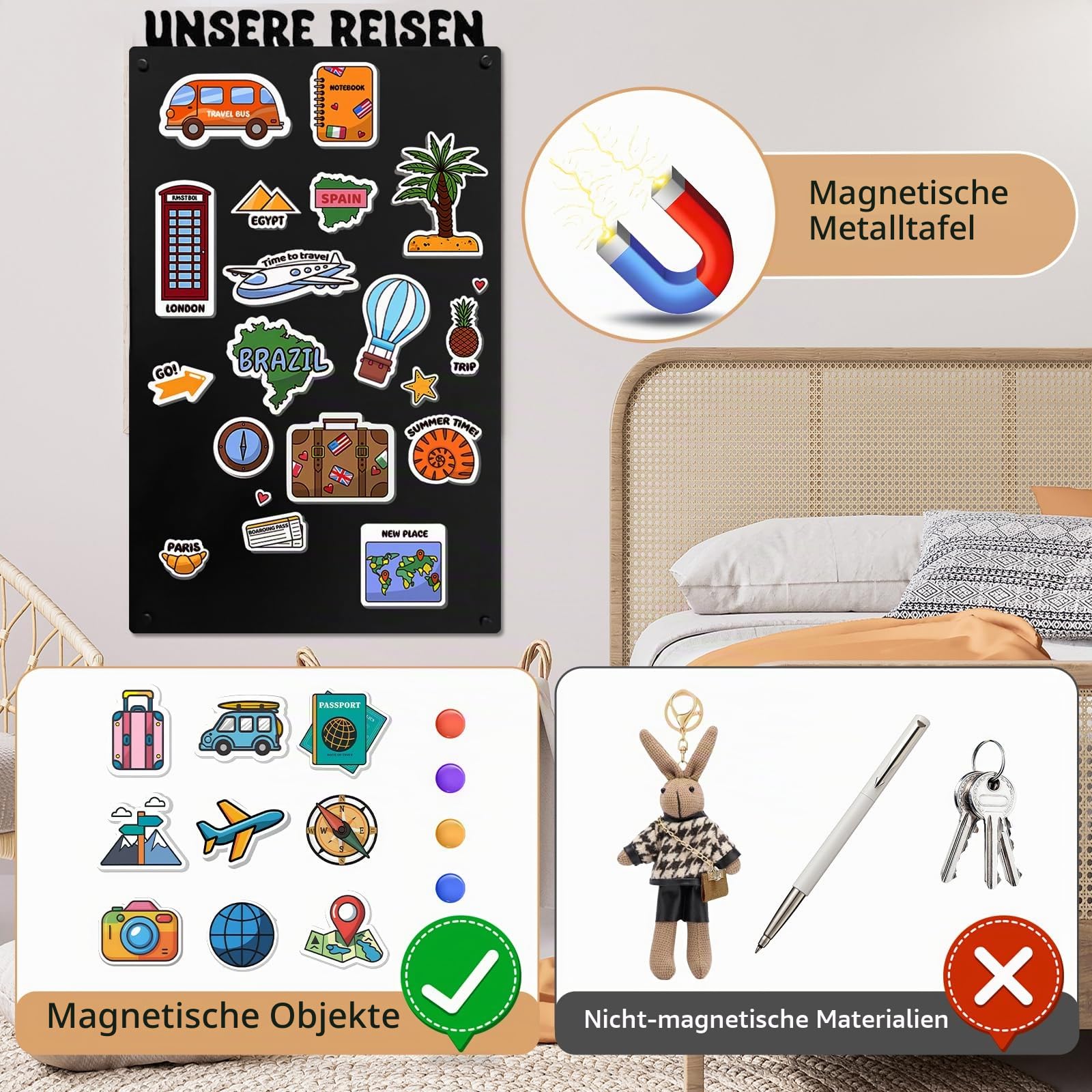 Magnettafel Schwarz 80×50 cm – Magnetwand/Pinnwand magnetisch für Küche, Büro & Kinderzimmer – Memoboard für Fotos, Notizen & Magnete ("UNSERE REISEN")