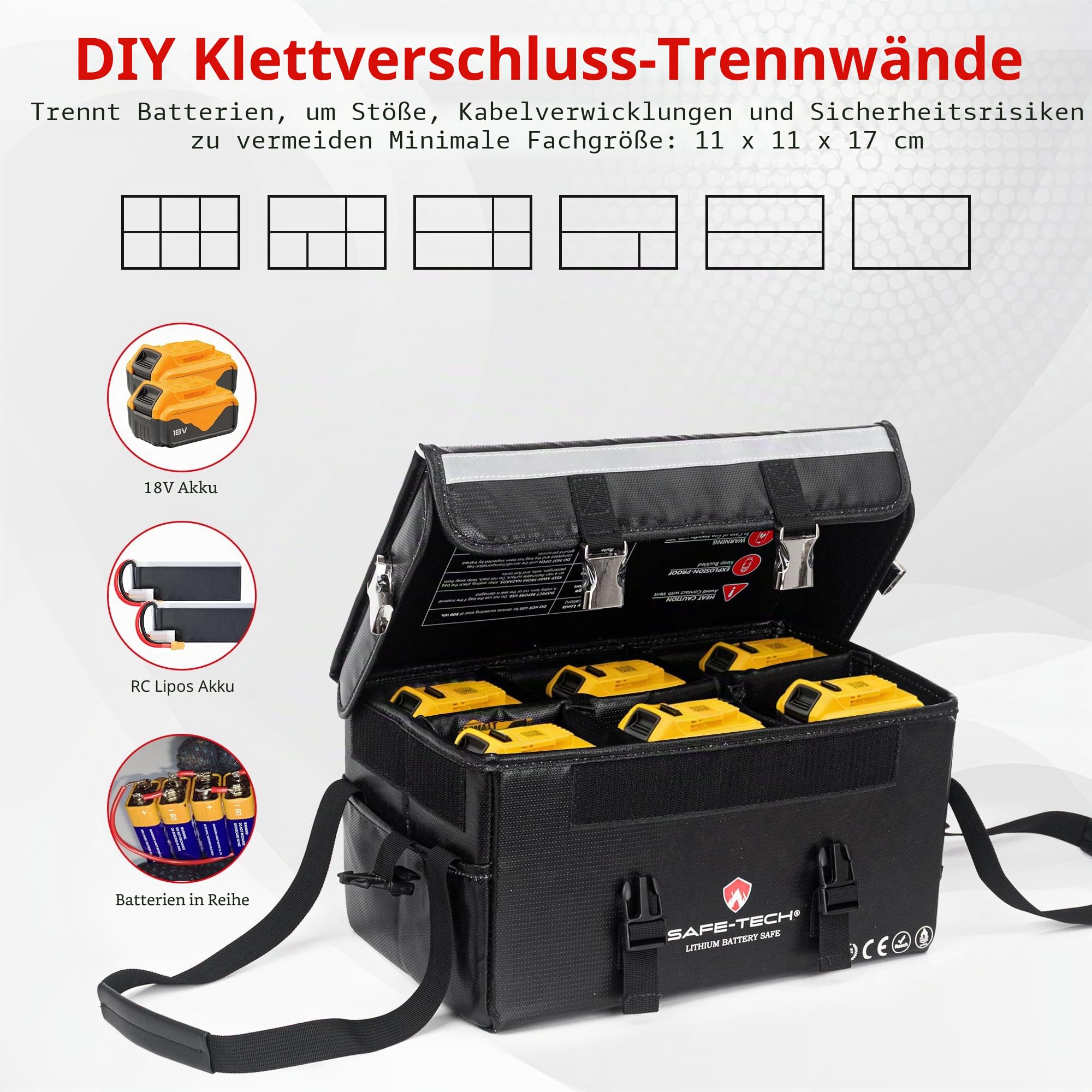 SAFE TECH Heavy Duty Feuerfeste Lipo Batterietasche 35 × 21 × 18 cm, Großer Batterie-Aufbewahrungskoffer mit verstellbaren Trennwänden für DeWalt, Makita LXT & Lithium-Ionen-Akkus