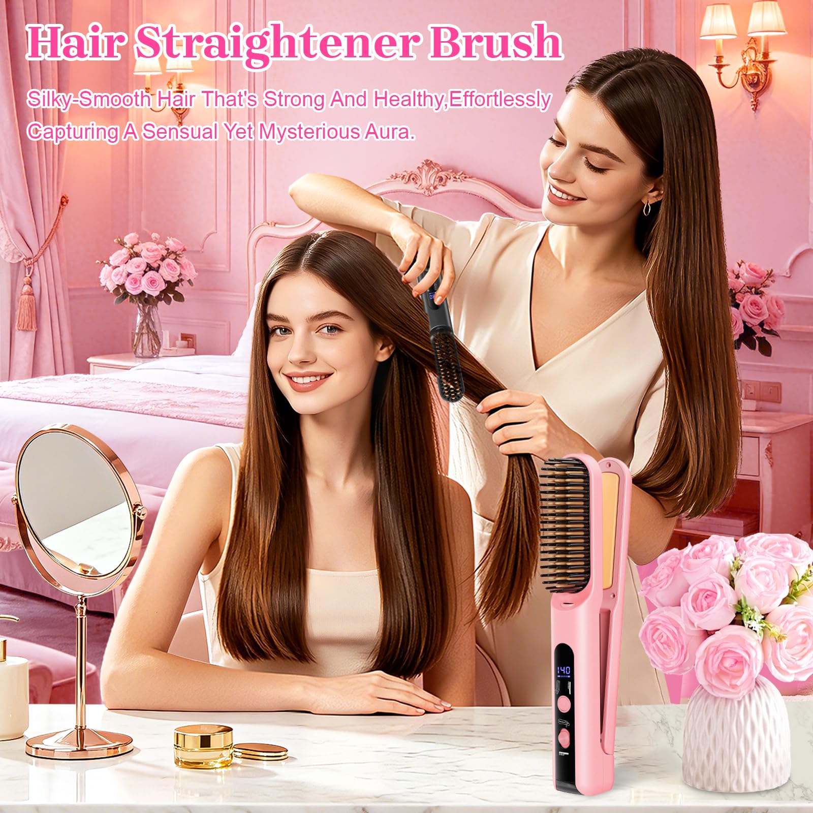 Peine de viaje portátil con calefacción para mujer, cepillo alisador inalámbrico 2 en 1 para alisar y rizar el cabello corto, 4 niveles de temperatura, mini herramientas compactas de peinado para