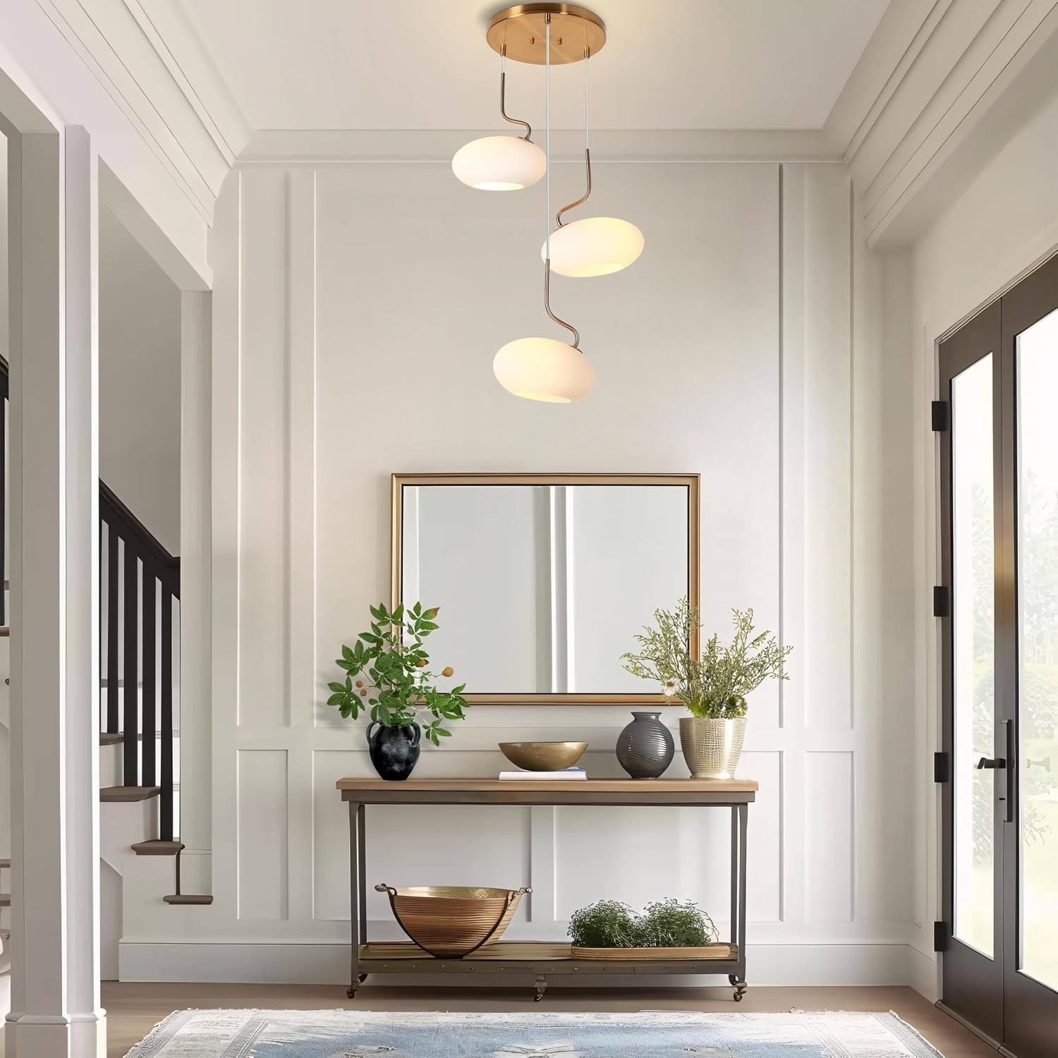 KSANA Gold Chandelier, 3-Light Modern Plating Brass Cluster Pendant Lights with White Oval Glass Shade, Chandeliers Hanging Light Fixtures for Dining Room, Staircase, Entryway, Foyer