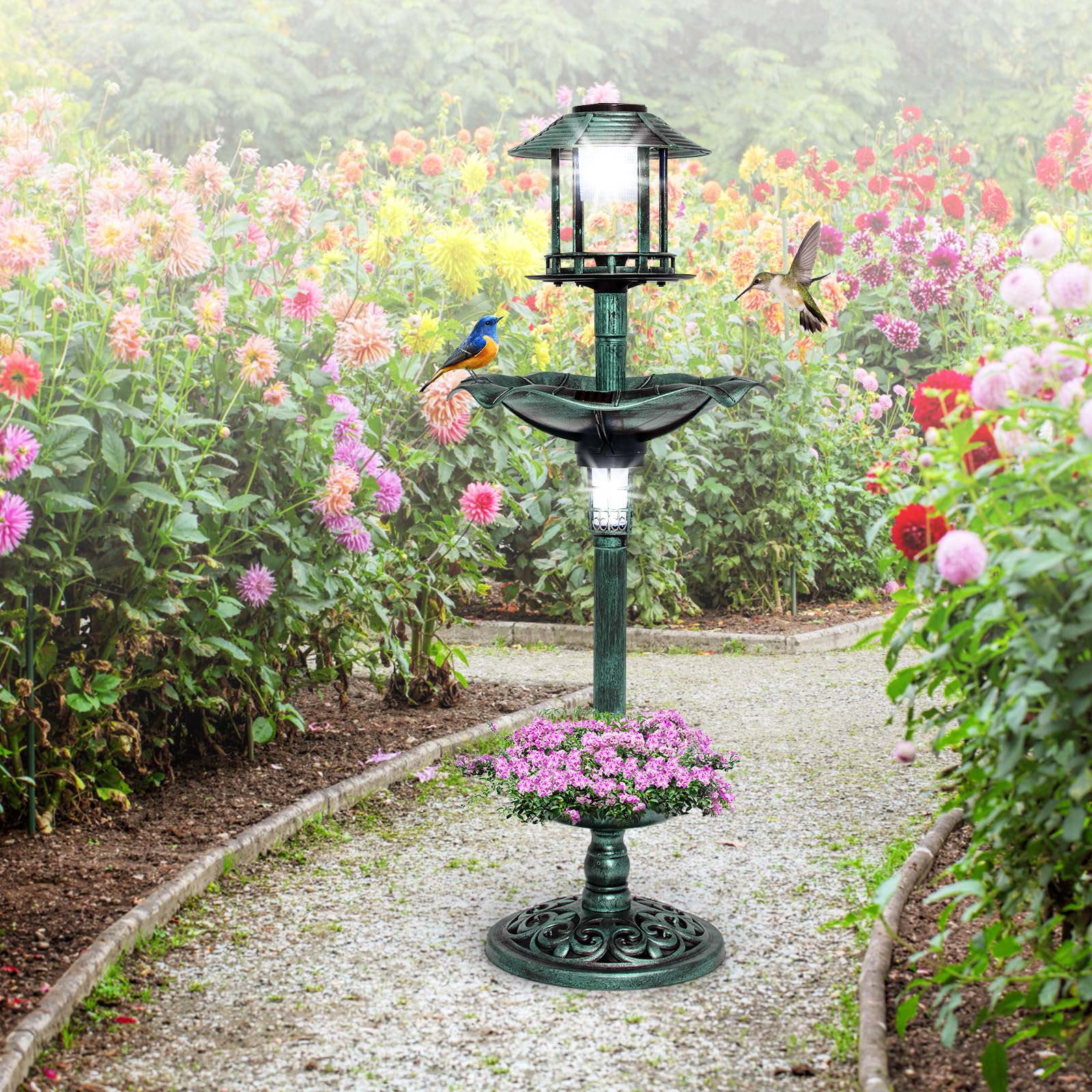 COSTWAY Vasca per Uccelli da Giardino a Energia Solare, Abbeveratoio e Mangiatoia per Uccelli da Esterno con 2 Lampade a Energia Solare, Fioriera e Supporto Riempibile (Verde)