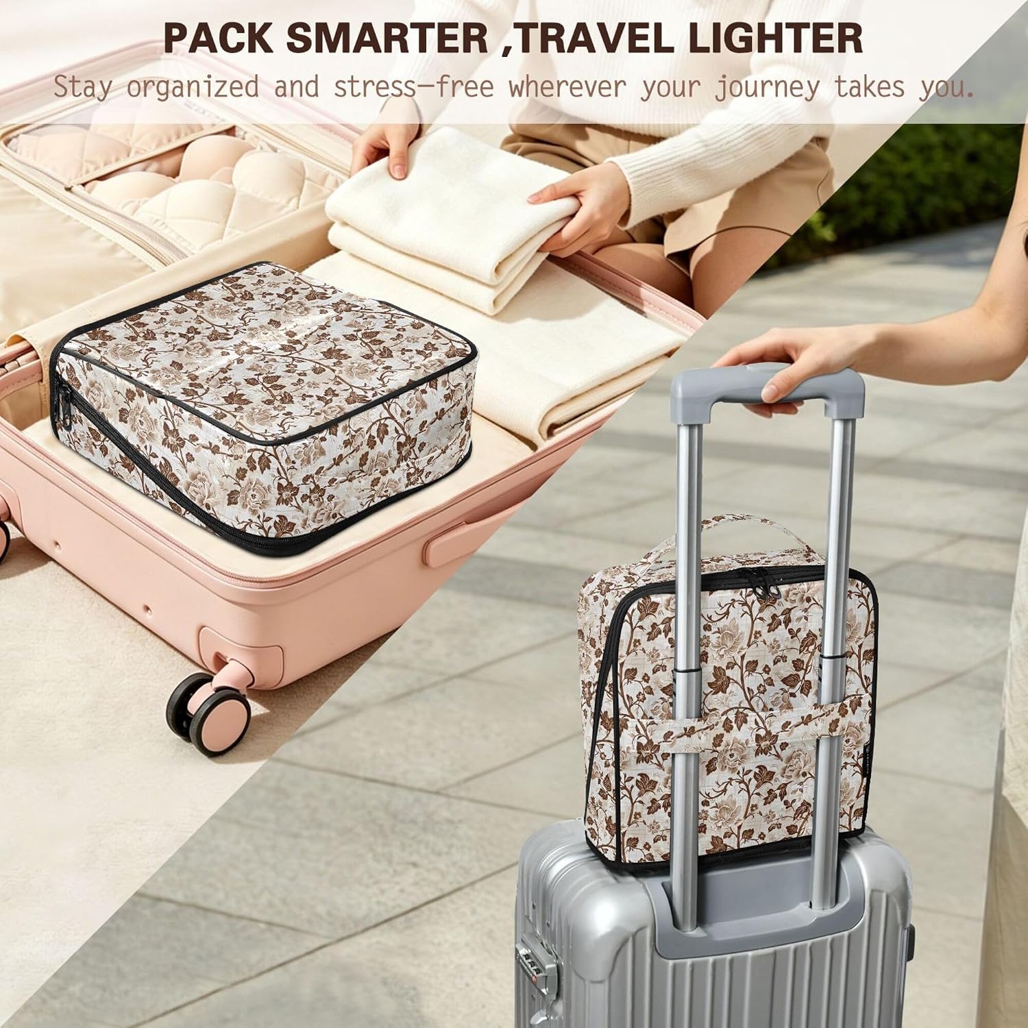 MNSRUU Travel Makeup Bag with Divider Brush Holder Brown Floral image 5