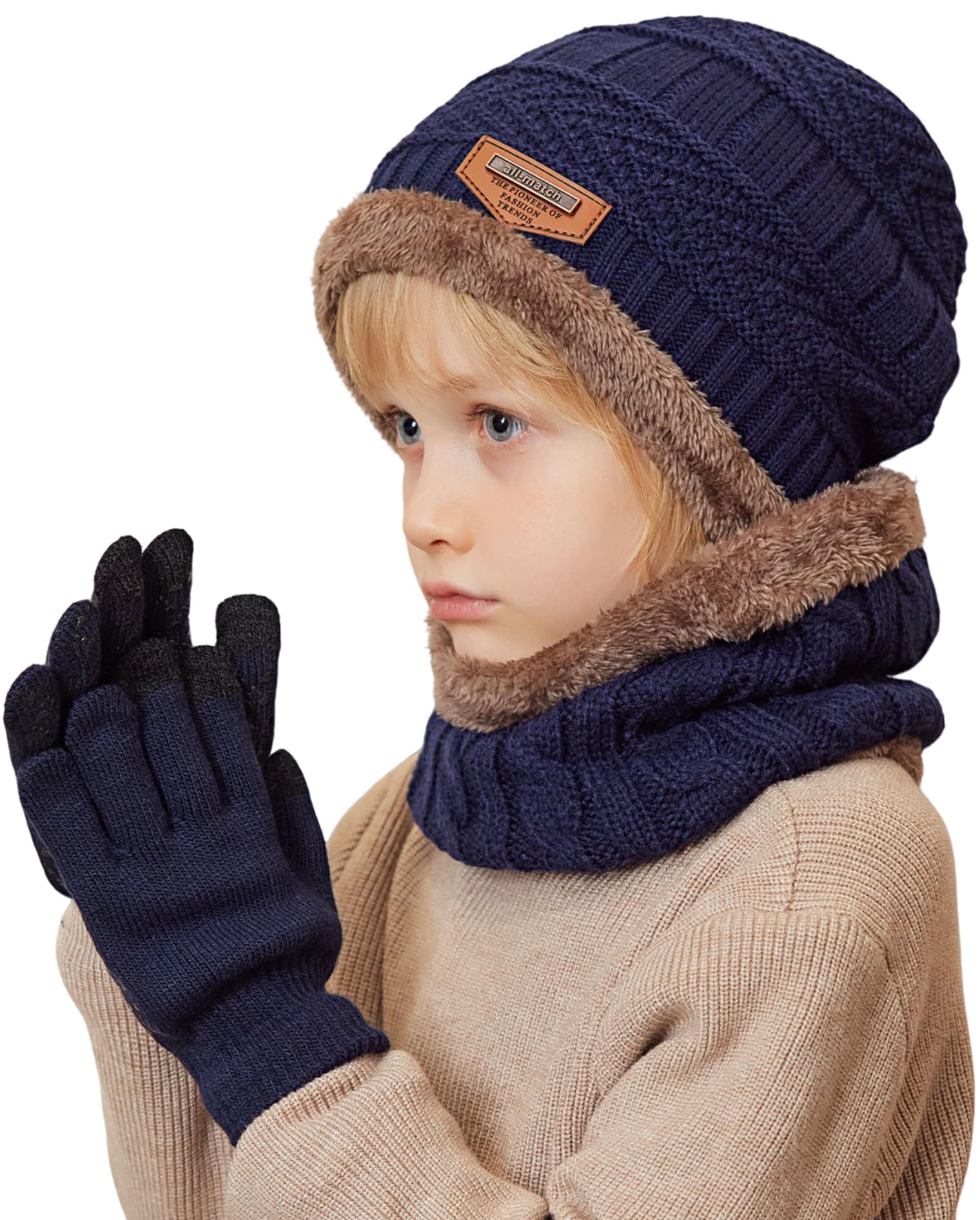 Conjunto de Gorro, Bufanda y Guantes para Niños de 3PCs, Gorro de Punto con Forro Polar Cálido Calentador de Cuello Térmico con Guantes de Pantalla Táctil Esenciales de Invierno Para Niños
