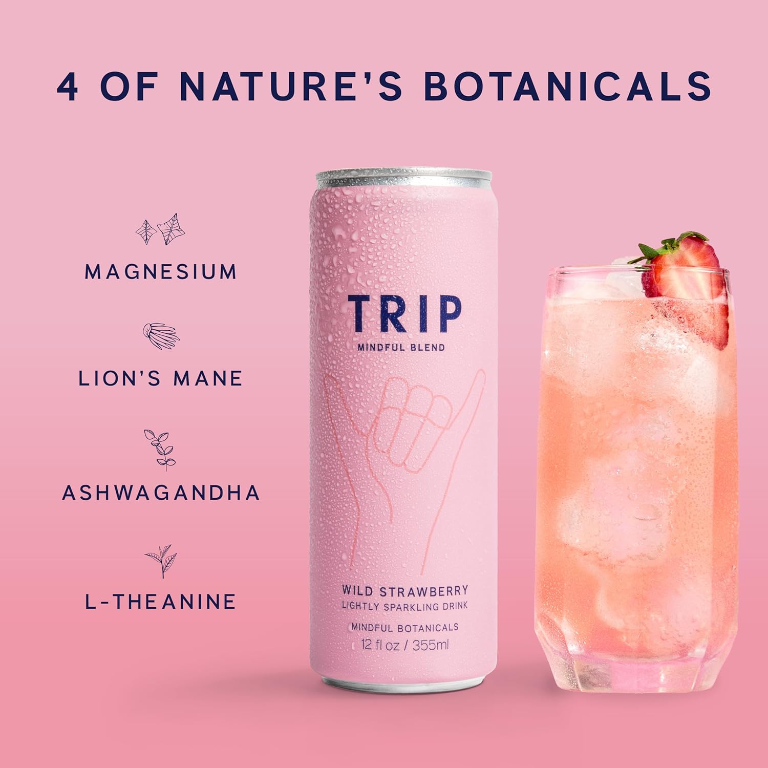 TRIP Lightly Sparkling Adaptogen Drink, Non Alcoholic Drink with Magnesium, Ashwagandha, Lions Mane & L Theanine, No Added Sugar Mocktail, Vegan, Wild Strawberry, 12 Oz, 12Pk