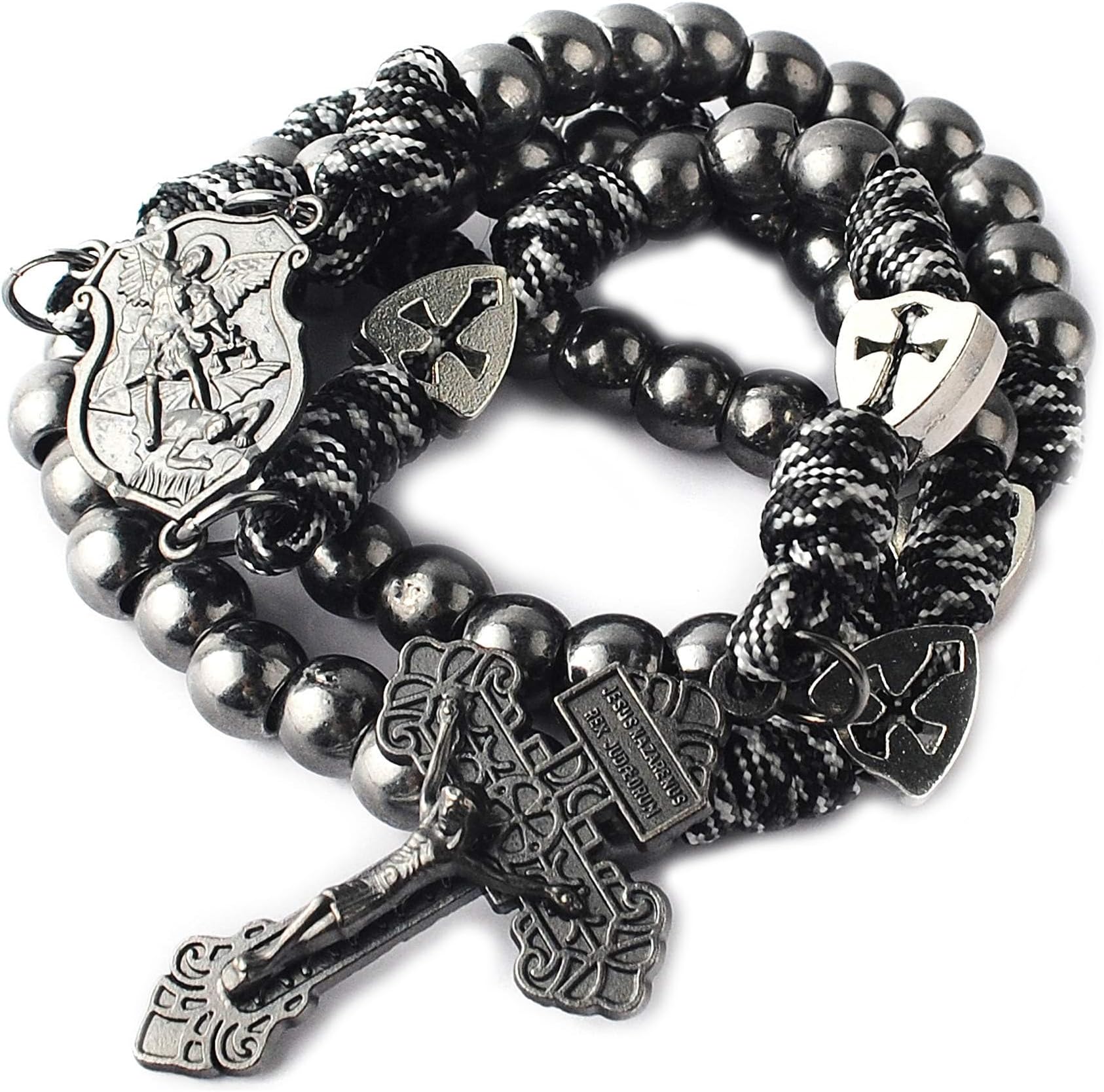Large and Heavy Antique Bronze Metal Beads Rugged Durable Paracord Rosary Necklace with St.Michael Center Piece and Pardon Crucifix for Men