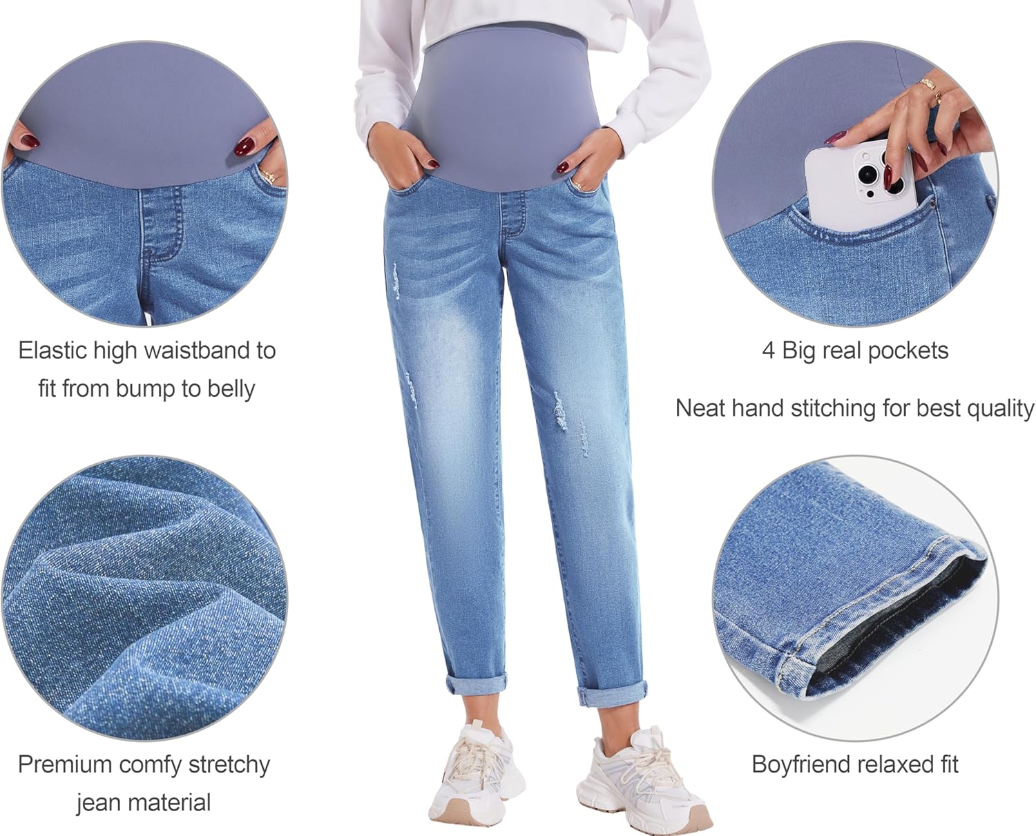 POSHGLAM Women's Maternity Jeans Over Belly Comfy Stretch 28'' Boyfriend Jeans Loose Pregnancy Pants, S-XXL - Image 3