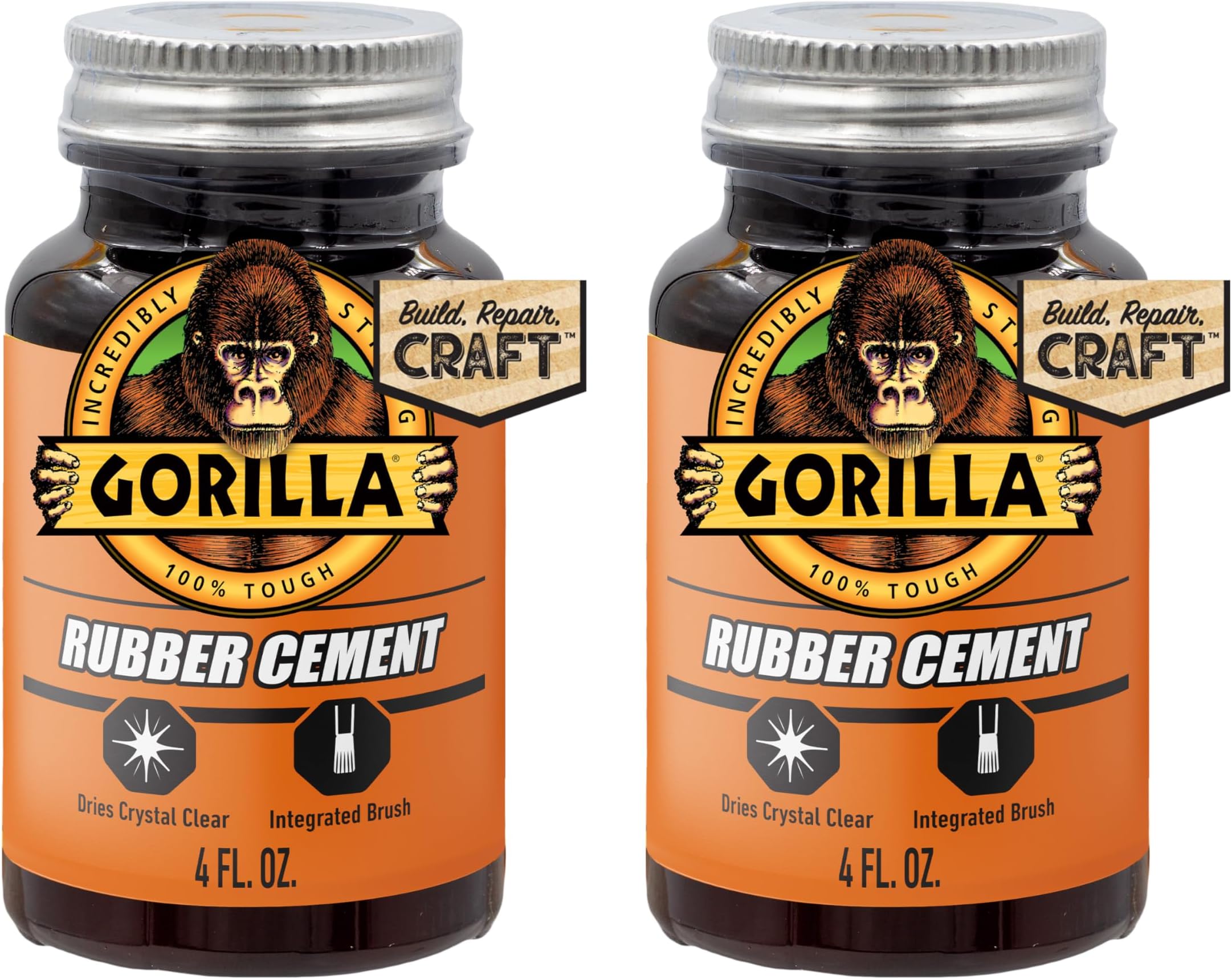 Gorilla Rubber Cement with Brush Applicator, Photo Safe, Clear, 4 fl oz, Clear (Pack of 2)
