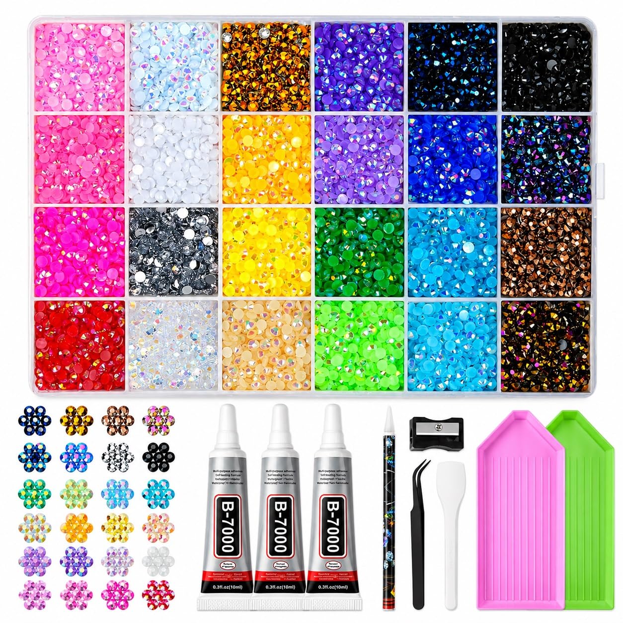 Rhinestone Bedazzling Kit, 24 Colors 3mm Resin Crafts Stone | AB Finish Flatback, Includes B7000 Glue, With Tweezers & Tray, DIY Crafts & Nail Art, Safe & Non-Toxic-image-11