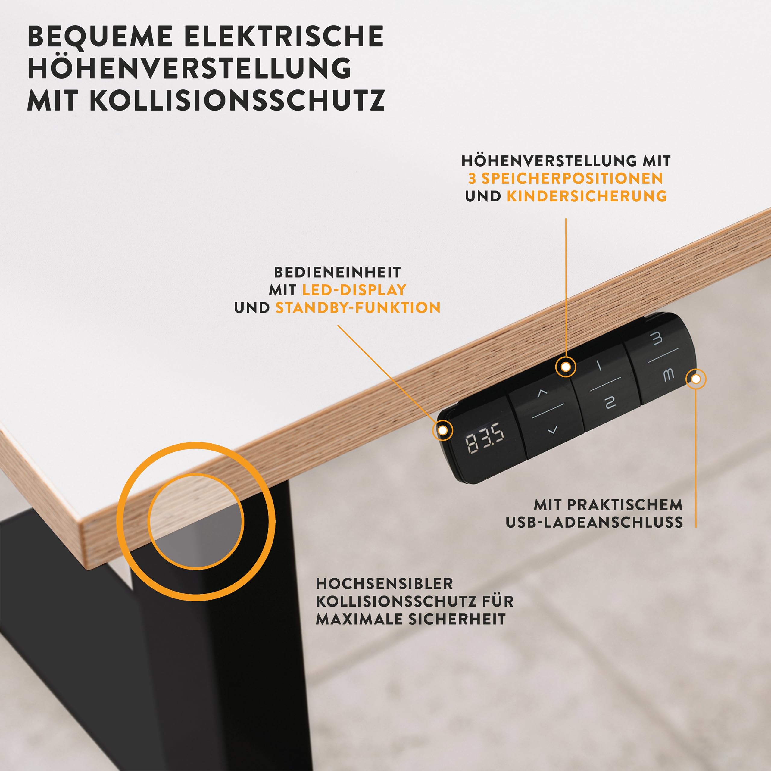 boho office® Höhenverstellbarer Schreibtisch Gestell - Elektrisch stufenlos, Eckschreibtisch mit 3 Motoren 50 mm/Sek, 3-Fach Teleskop, stabil, Memoryfunktion, Kollisionsschutz - Basic Line 90 Schwarz