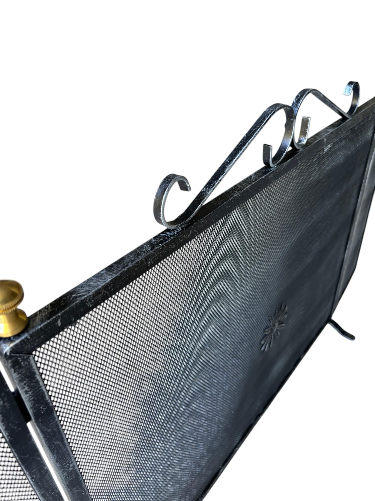 Parascintille per Camino/Caminetto, 3 Ante Richiudibili in Ferro Battuto con Pomelli in Ottone, Made in Italy (60 cm + (15 cm x 2 Antine) 48 cm h)
