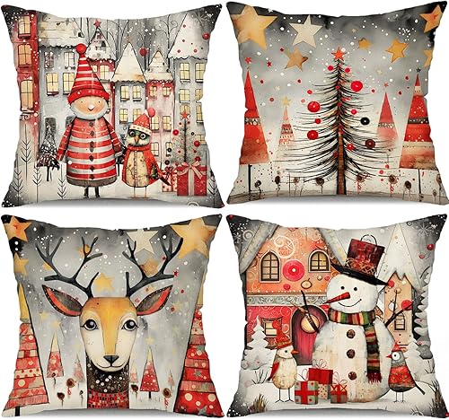 DFXSZ Juego de 4 fundas de almohada navideñas de 18 x 18 pulgadas, diseño de árbol de Navidad, muñeco de nieve, reno, decoración de casa de campo