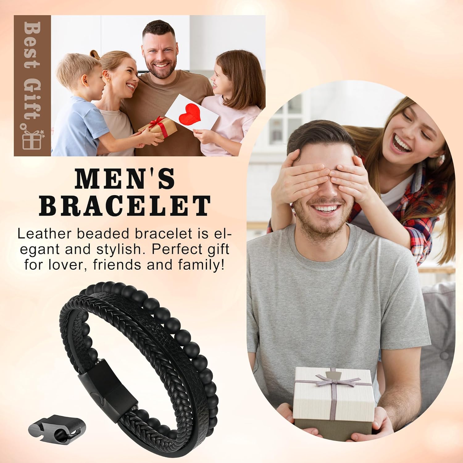 Gifts for Men - Mens Bracelet, Braided Leather Beaded Bracelets Mens Jewelry 6mm Tiger Eye Lava Rock Stone Handmade Bracelet With Adjustable Magnetic Clasp - Image 3