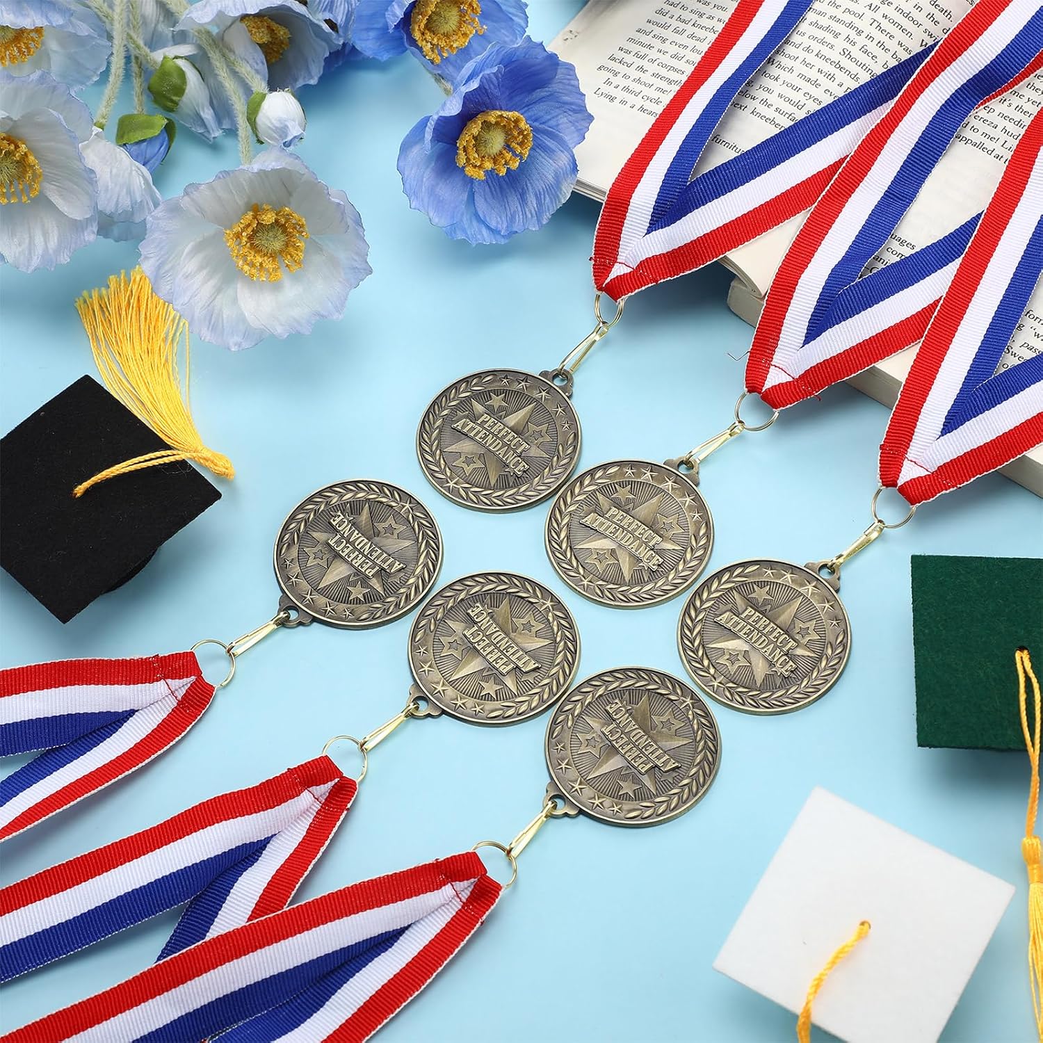30 Pcs Perfect Attendance Medal Award Bulk 2 Inch Graduation Gold Award Medals with Neck Ribbons Metal Grad Attendance Winner Trophy Team Prize Gifts for Scholastic Academics