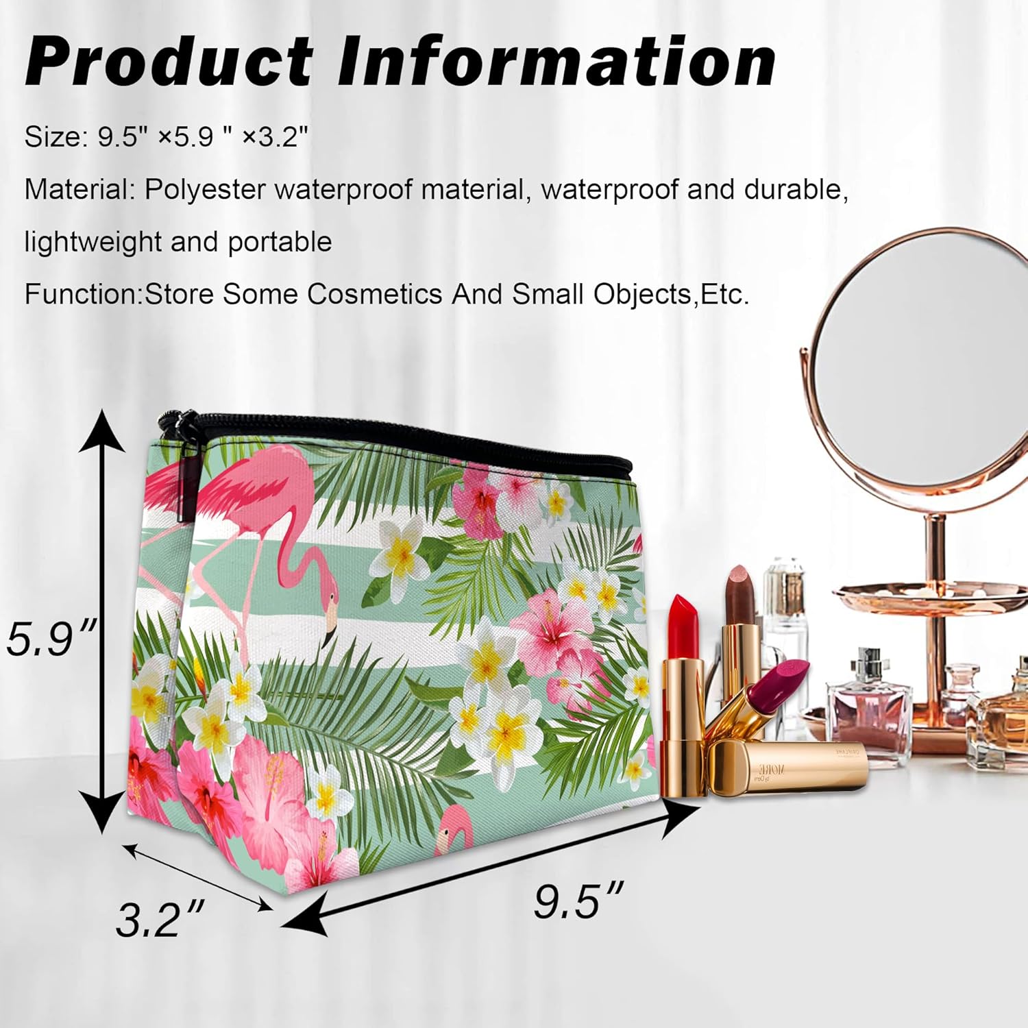 Flamingo Tropical Flowers Makeup Bag for Purse, Waterproof Funny Cosmetic Bag for Women, Zipper Travel Toiletry Pouch Gift 9.5×5.9 Inch - Image 4