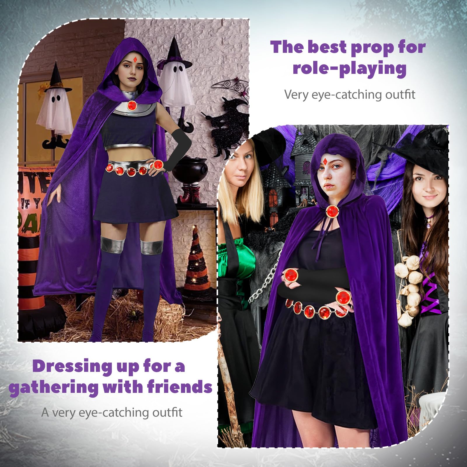 Makoike Raven Costume Women Purple Hooded Cloak Anime Witches Raven Cloak Cape Belt Gloves Red Gem Halloween Costume Carnival Props - Image 4