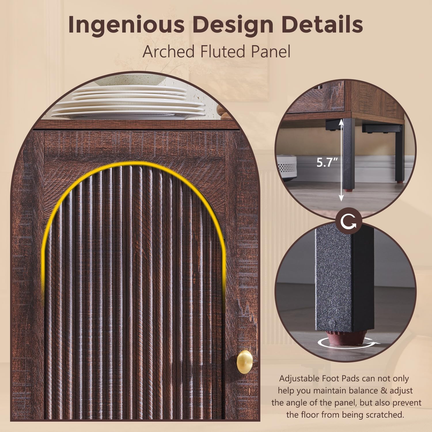 Modern Buffet Cabinet with Storage, 61.75" W Fluted Arched Sideboard Cabinet w/Adjustable Shelves, Wooden Modular Coffee Bar for Dining Room, Kitchen, Living Room, Entryway, Brown - Image 6