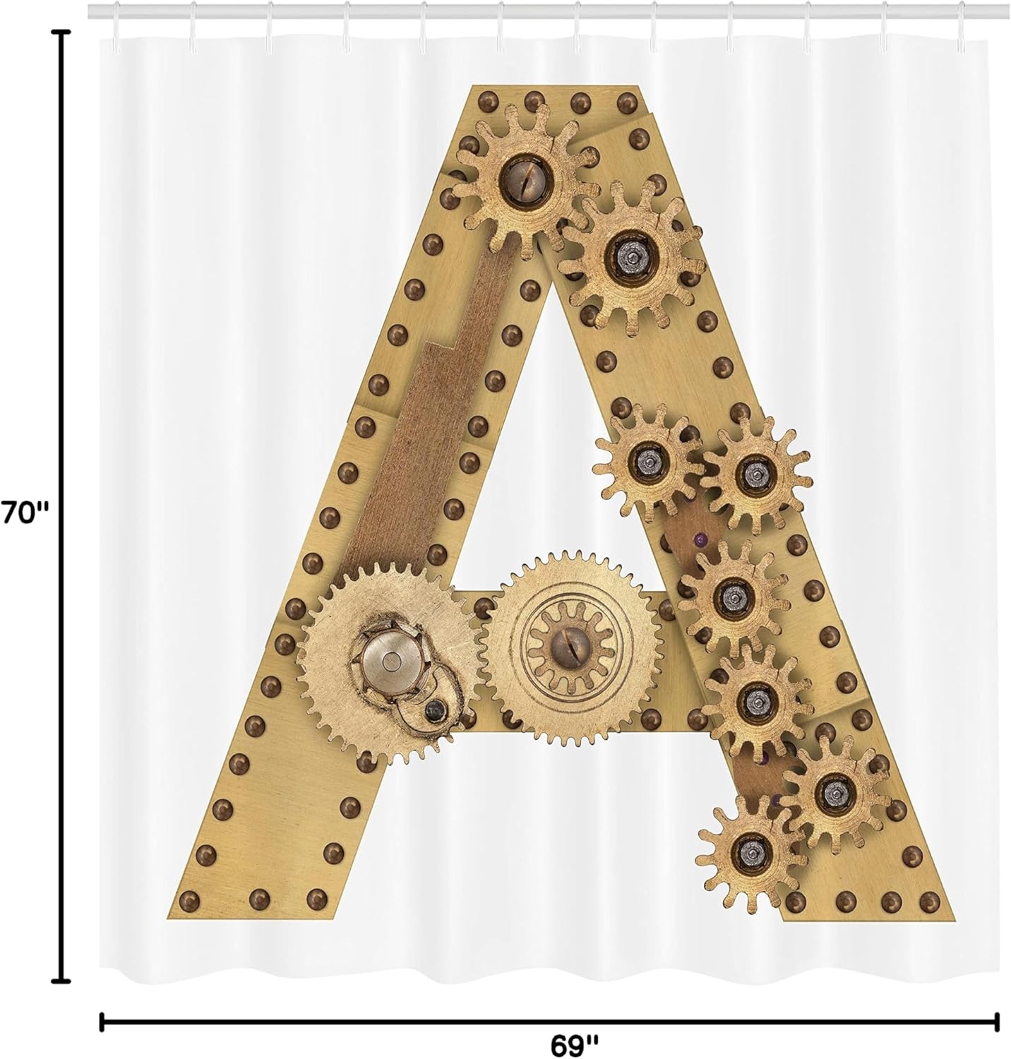 Ambesonne Letter A Shower Curtain, Steampunk Mechanical Alphabet Letter Font A Photo Compilation Cogwheel Clench, Fabric Bathroom Decor Set with Hooks, 69" W x 70" L, Sand Brown