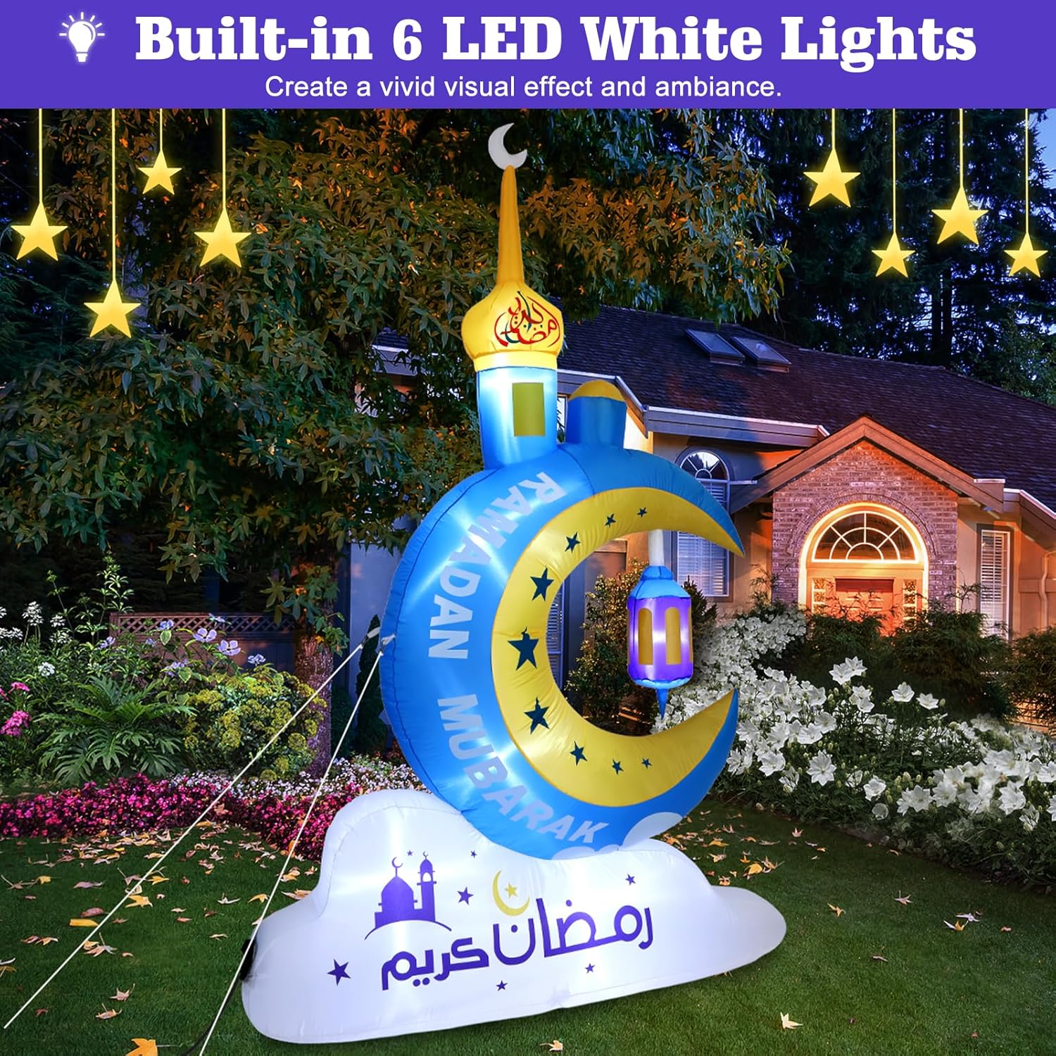 Lewondr 8.20FT Outdoor Inflatable Ramadan Moon Decorations,Waterproof Inflatable Eid Mubarak Decor,Blow Up Muslim Holy Celebration Decor with LED Lights,Muslim Holidays Inflatable for Yard,Blue Moon