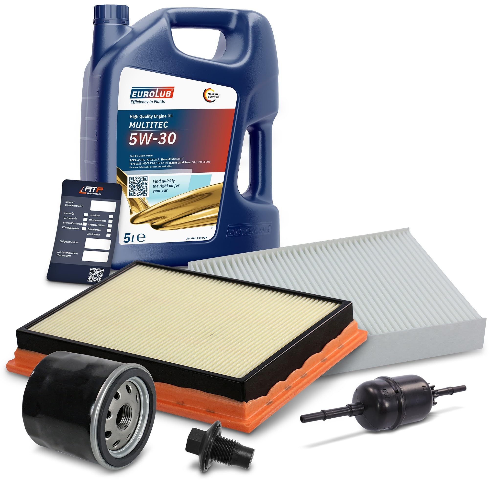 BESTPRICE Inspektionspaket Filterset Wartungsset 1x Ölfilter, 1x Kraftstofffilter, 1x Luftfilter, 1x Innenraumfilter, 1x Motoröl 5W-30 5 l, Kompatibel mit FORD FIESTA 5 Mk5 (JH_ JD_), FUSION (JU_)