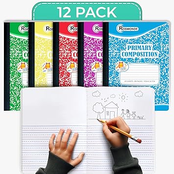 Rosmonde Composition Notebooks Primary Ruled, 12 Pack, 200 Pages 100 Sheets, Draw and Write Journal, Bulk Primary Composition Notebooks, Grades K-2, Hard Cover, Assorted Colors, Colors May Repeat