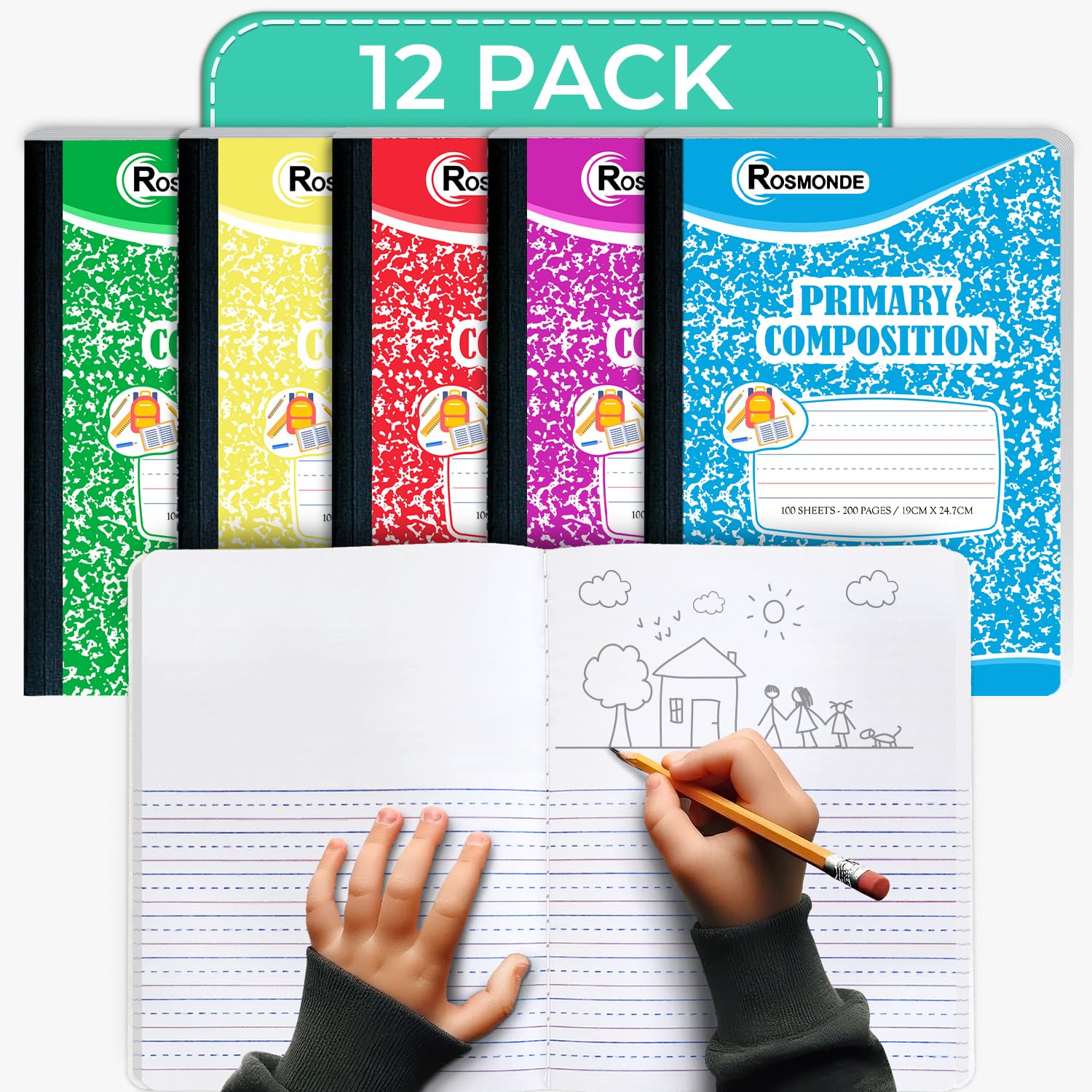 Rosmonde Composition Notebooks Primary Ruled, 12 Pack, 200 Pages (100 Sheets), Draw and Write Journal, Bulk Primary Composition Notebooks, Grades K-2,
