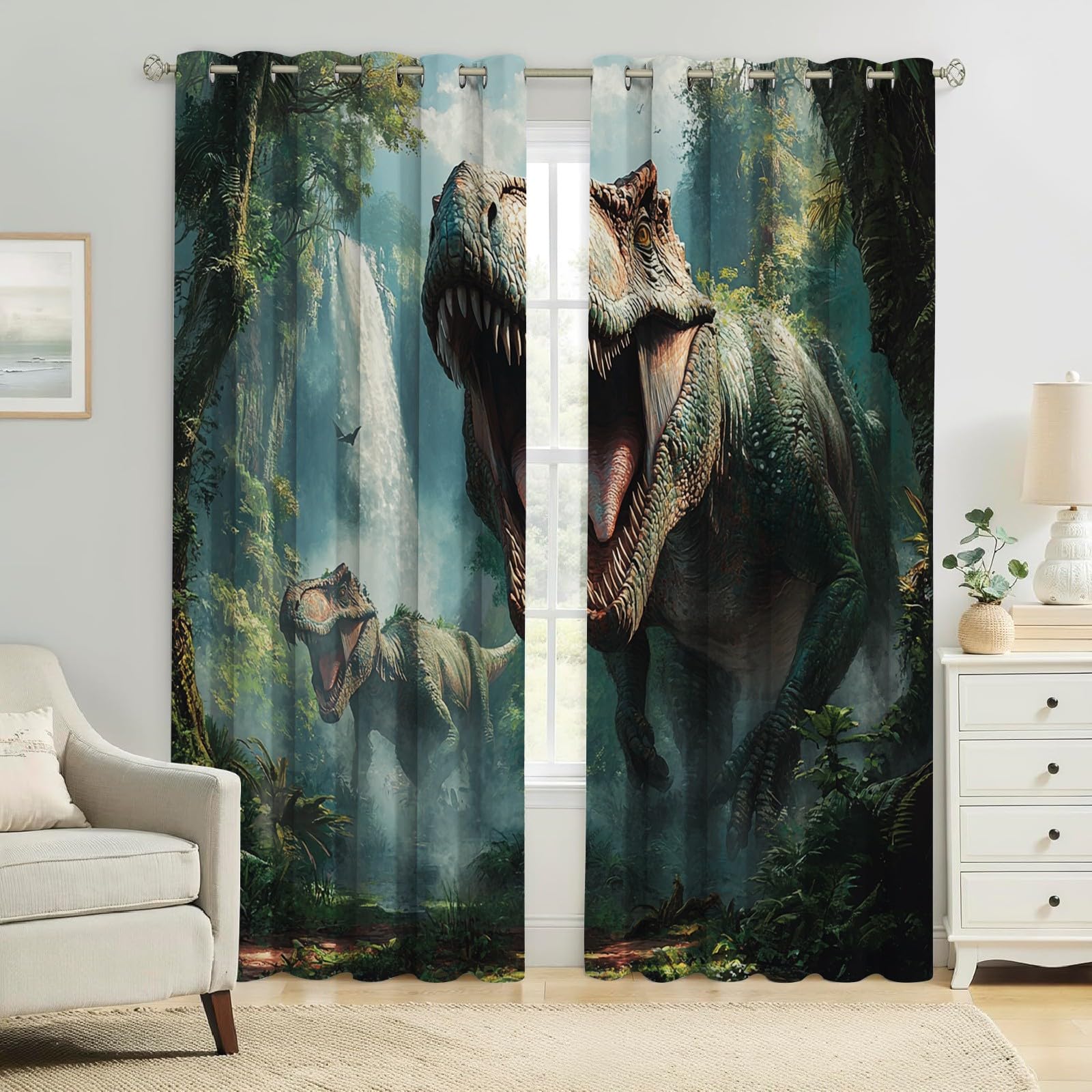 Rideaux Thermiques Animaux Dinosaures Lot de 2 Occultants Phoniques et Anti Froid avec Œillets Vert pour Chambre et Salon 140L X 245H cm