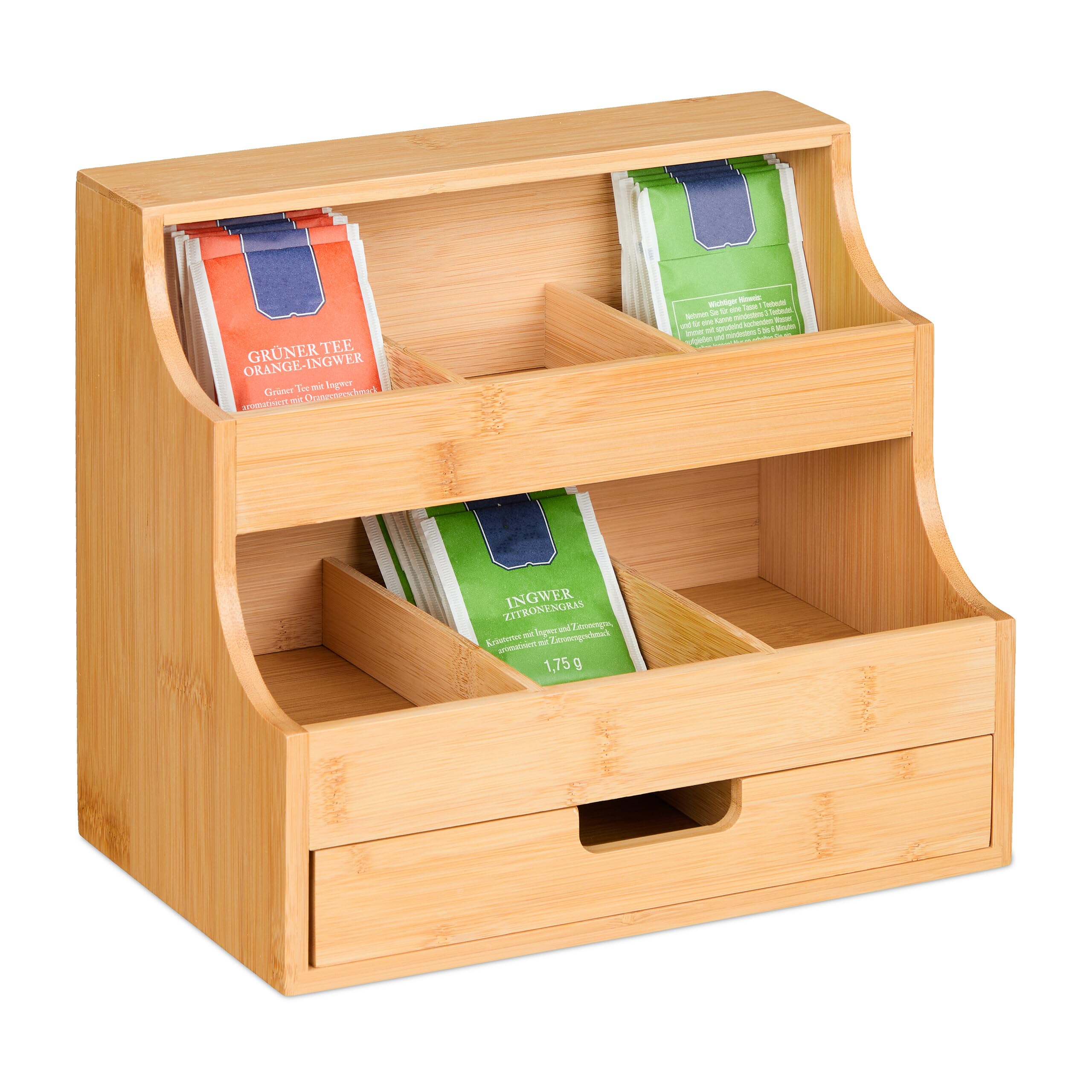 Caja para infusiones vertical con cajón de gran capacidad y almacenamiento de madera