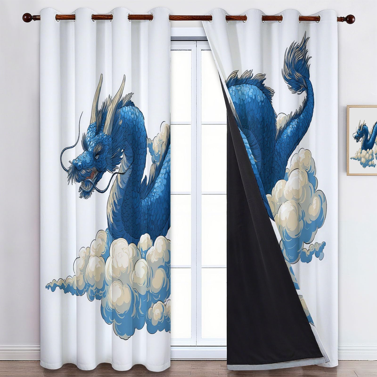 Chińskie zasłony zaciemniające z niebieskim smokiem, białe, 140 x 250 cm, przelotki, izolacja termiczna, redukcja hałasu, przyciemniane zasłony do sypialni i salonu, 100% prywatności zasłony