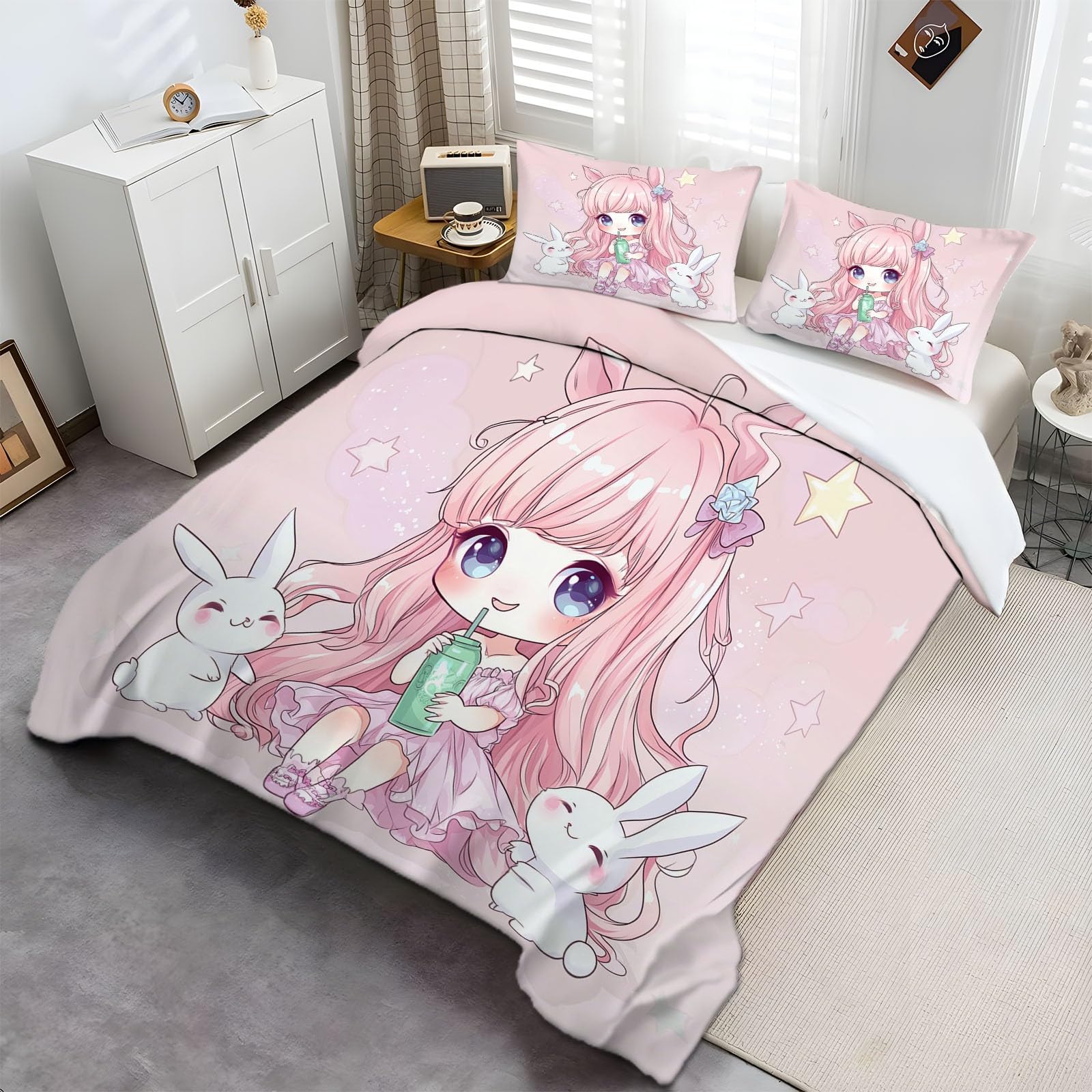 Funda Nordica Infantil para Cama 90 Niña Rosa De Dibujos Animados con Conejito Funda de Edredón de Polialgodón, Juego de Ropa de Cama con Fundas Nordicas 150x200 cm + 2 50x75 cm