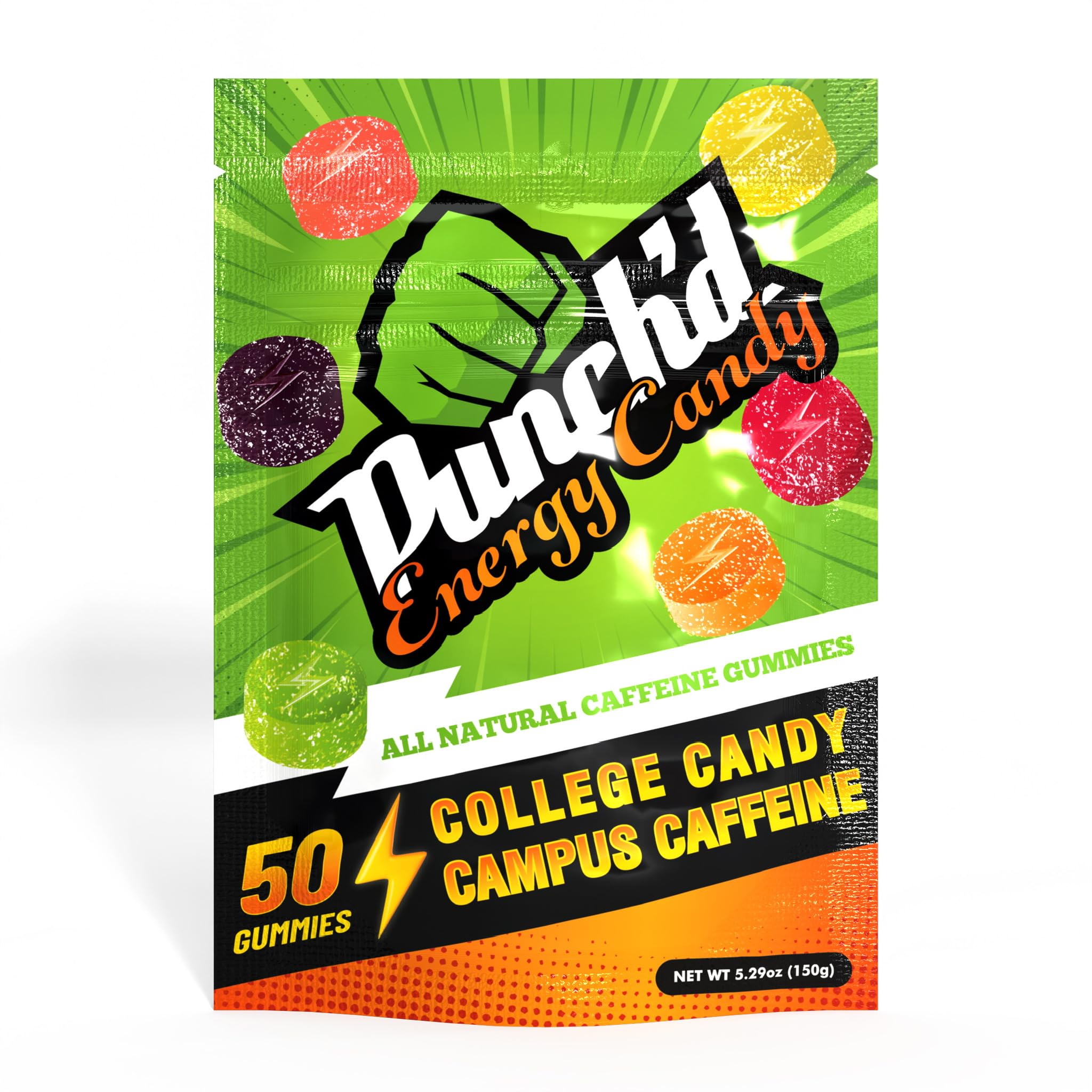 Punch'd Energy Caffeine Candy (50 Gummy Pouch) Survive and Thrive in College, Essential Study Buddy & Workout Pal, Green Coffee Caffeine, Real Fruit Assorted Gummies
