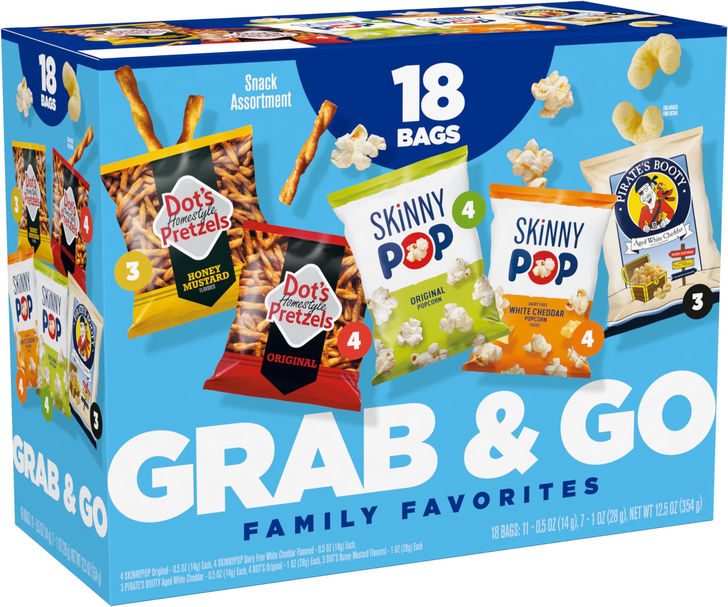 SkinnyPop Family Favorites Multipack, SkinnyPop Original and White Cheddar Popcorn, Dot's Original and Honey Mustard Pretzels, Pirate's Booty, On-the-Go Snacks, 0.5oz and 1oz Bags (18 Count)