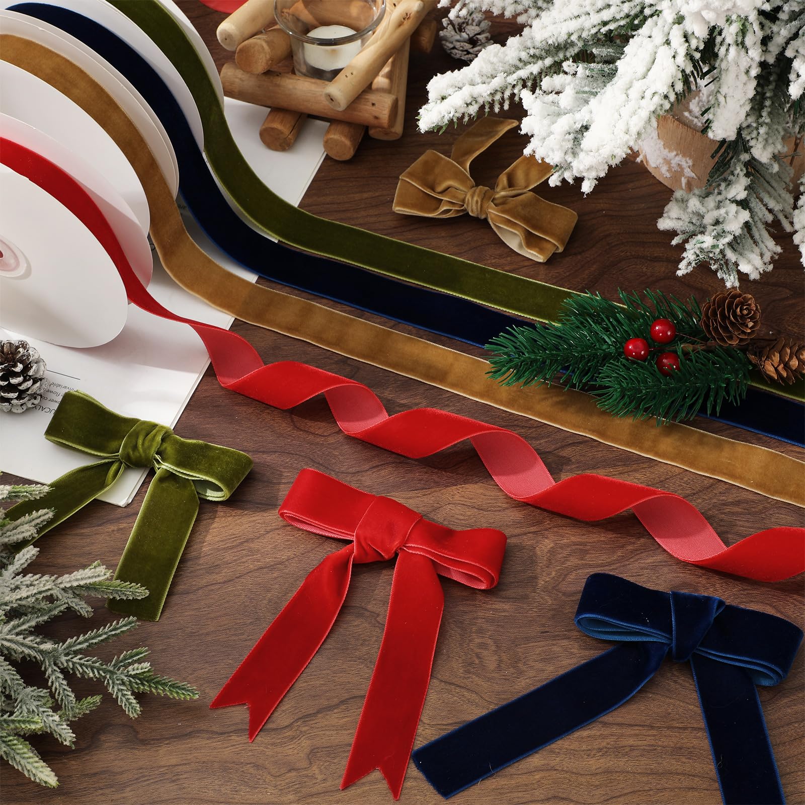 JarThenaAMCS 4 Rollen 40 Meter Weihnachts-Samtband 2,5 cm blau grün rot gelb einseitiges Satinband für Weihnachten DIY Handwerk Kranz Schleife Herstellung