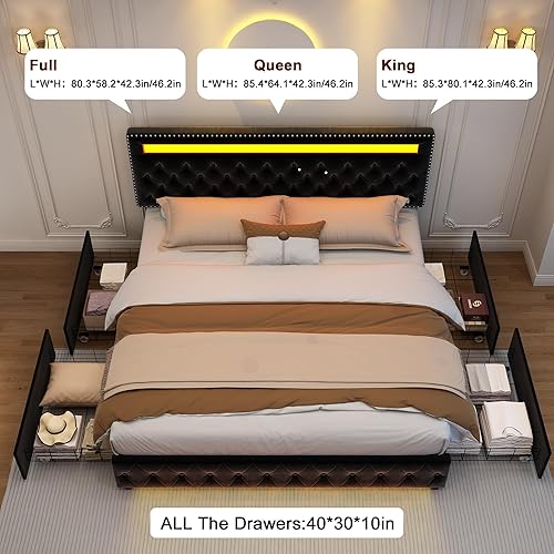 Miniatura 14 de GEGOFORU - Base de cama LED Queen con 4 cajones de almacenamiento, con control inteligente RGBW luces LED cabecera, control de color bricolaje,