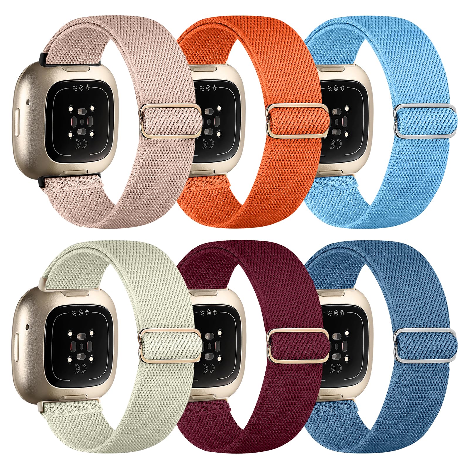 Chinbersky 6 Pack Armband Kompatibel mit Fitbit Versa 3 Armband/Fitbit Versa 4 Armband/Fitbit Sense Armband Damen Herren, Verstellbares Dehnen Nylon Sport band für Fitbit Versa 4/Versa 3/Sense 2/Sense