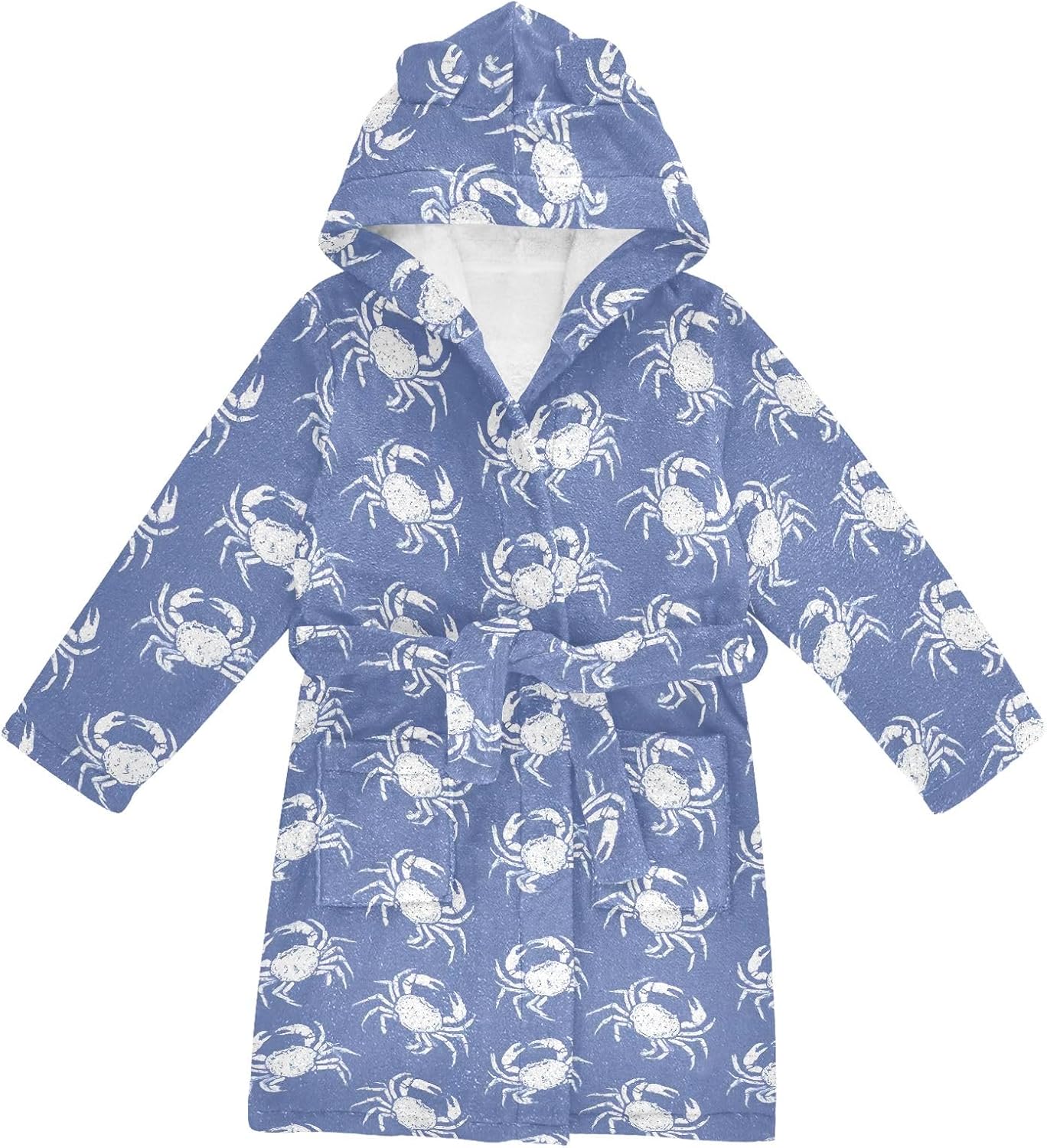 Blue White Crab Pattern Toddler Hooded Bathrobe for Boys Girls Soft Plush Bath Towel Robe 2-12 Years