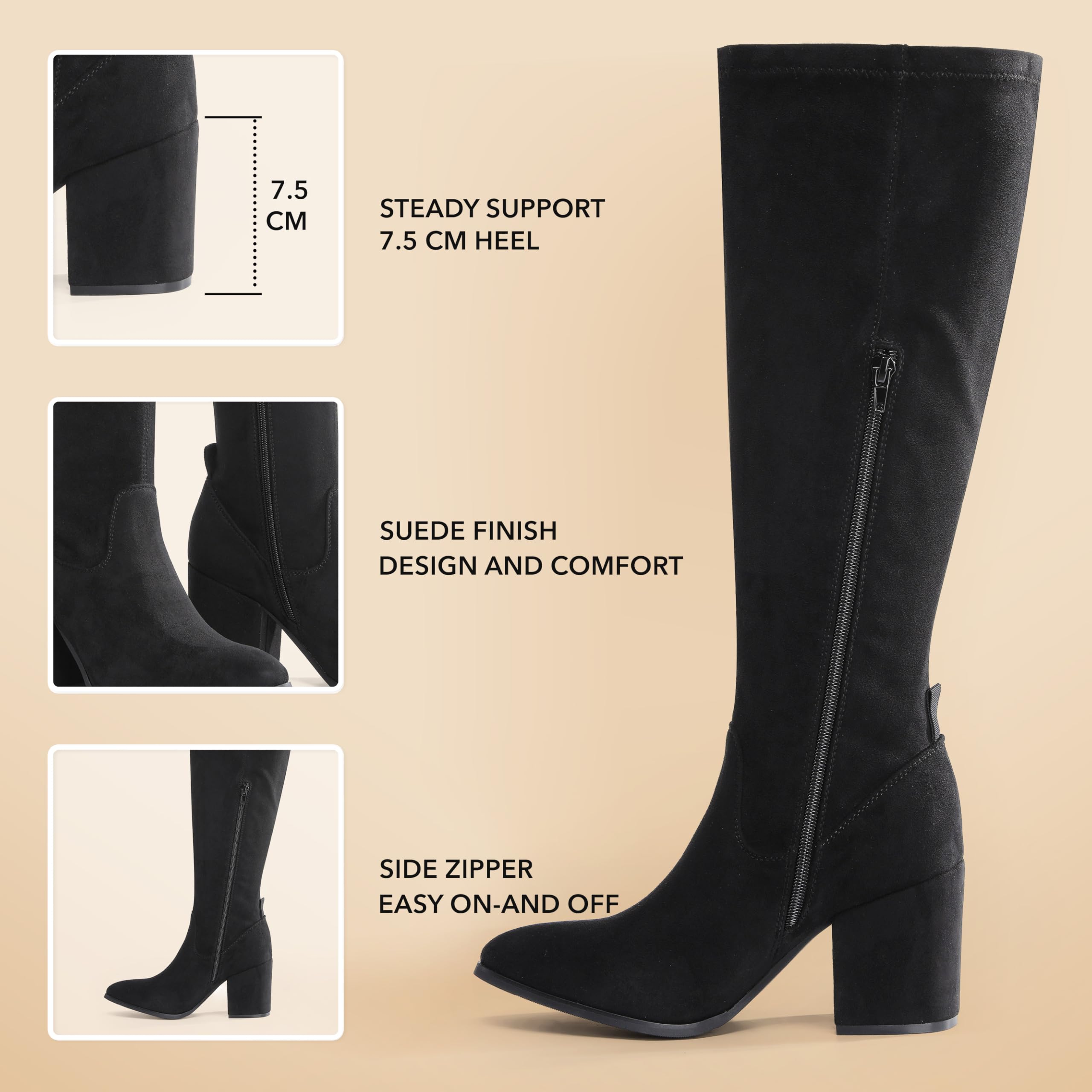 VIVASHOES Women’s Knee High Heeled Boots – Faux Suede Long Boots with Chunky Heel & Side and Pull On Tab – Stylish Tall Winter Booties for Autumn & Winter Outfits - Black 7