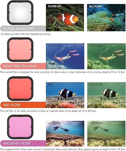 Miniatura 6 de SOONSUN Carcasa impermeable con 4 filtros de buceo para GoPro Hero 7 6 5 Black and Hero (2018) - Rojo, rojo claro, magenta, 5 filtros macro para